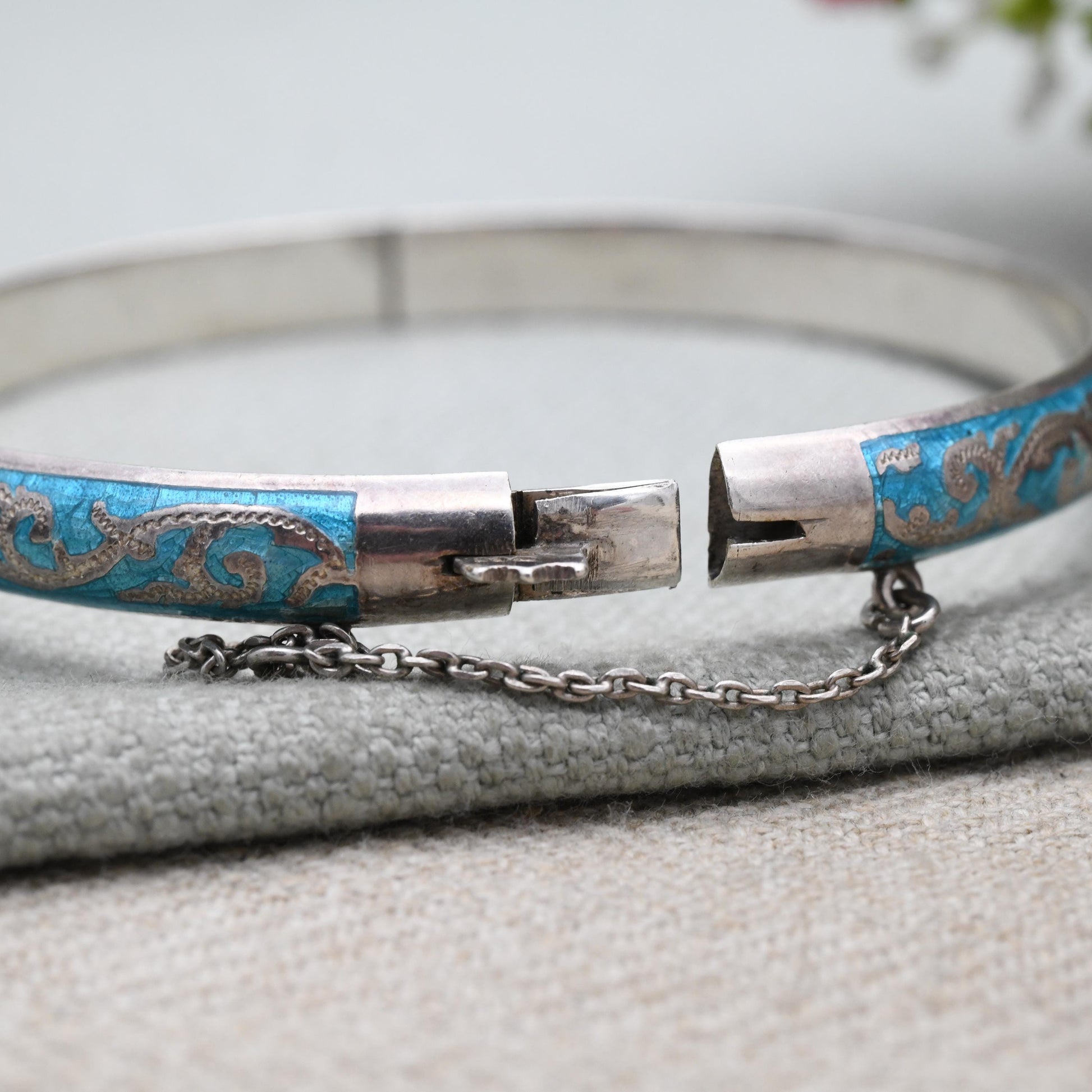 Sterling Silver Siam Blue Niello Boat Bangle Bracelet - Ornate Scrolling and Detailed Engraving Thai Jewellery | Gift for Her