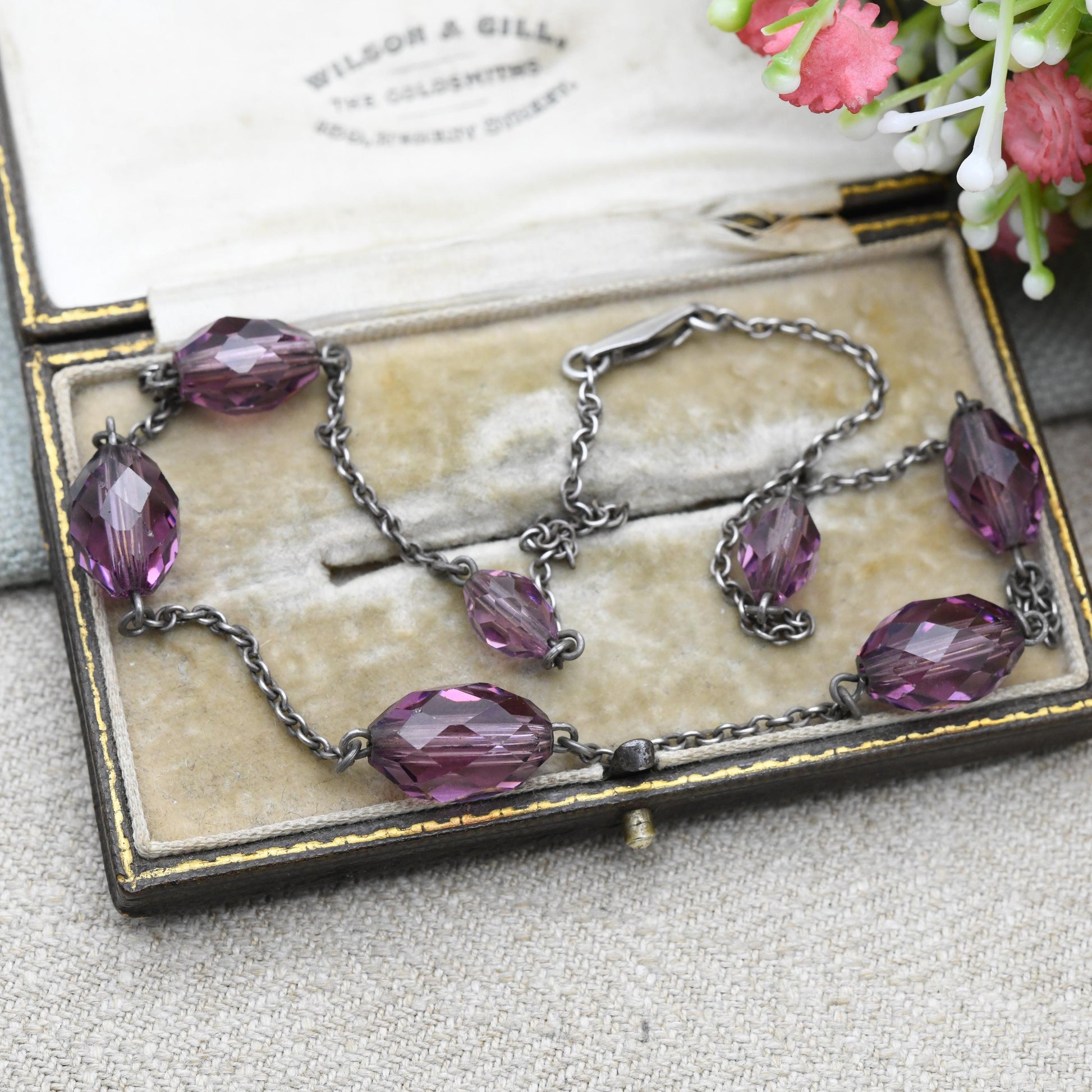 Antique Art Deco Silver Necklace c.1920s - Graduating Purple Faceted Glass Beads | Delicate Chain
