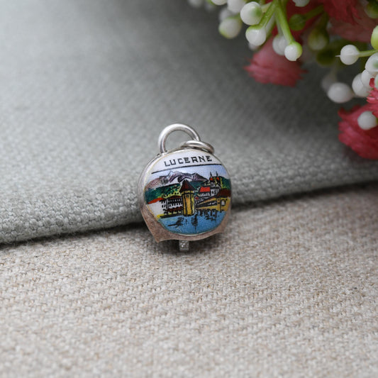 Vintage European 800 Silver Lucerne Cow Bell Charm Pendant - Swiss Enamel Articulated Bell | with Moving Tongue | Gift for Charm Bracelet