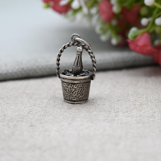 Vintage Sterling Silver Champagne in Ice Bucket Charm Pendant - Detailed and Textured | Souvenir Gift for Charm Bracelet