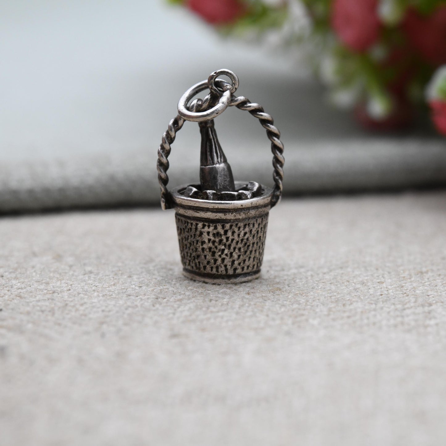Vintage Sterling Silver Champagne in Ice Bucket Charm Pendant - Detailed and Textured | Souvenir Gift for Charm Bracelet