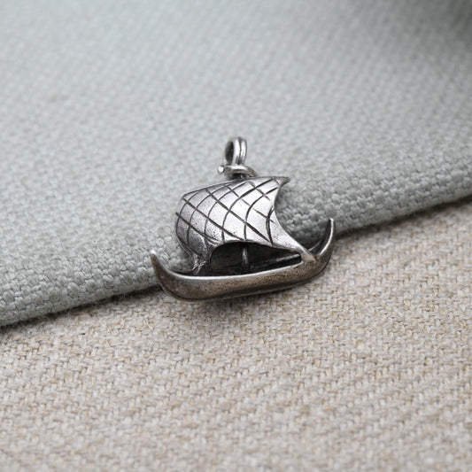 Vintage Silver Skuldelev Viking Boat Charm Pendant - Medieval Scandinavian Silver Ship | Sail Boat | Gift for Charm Bracelet