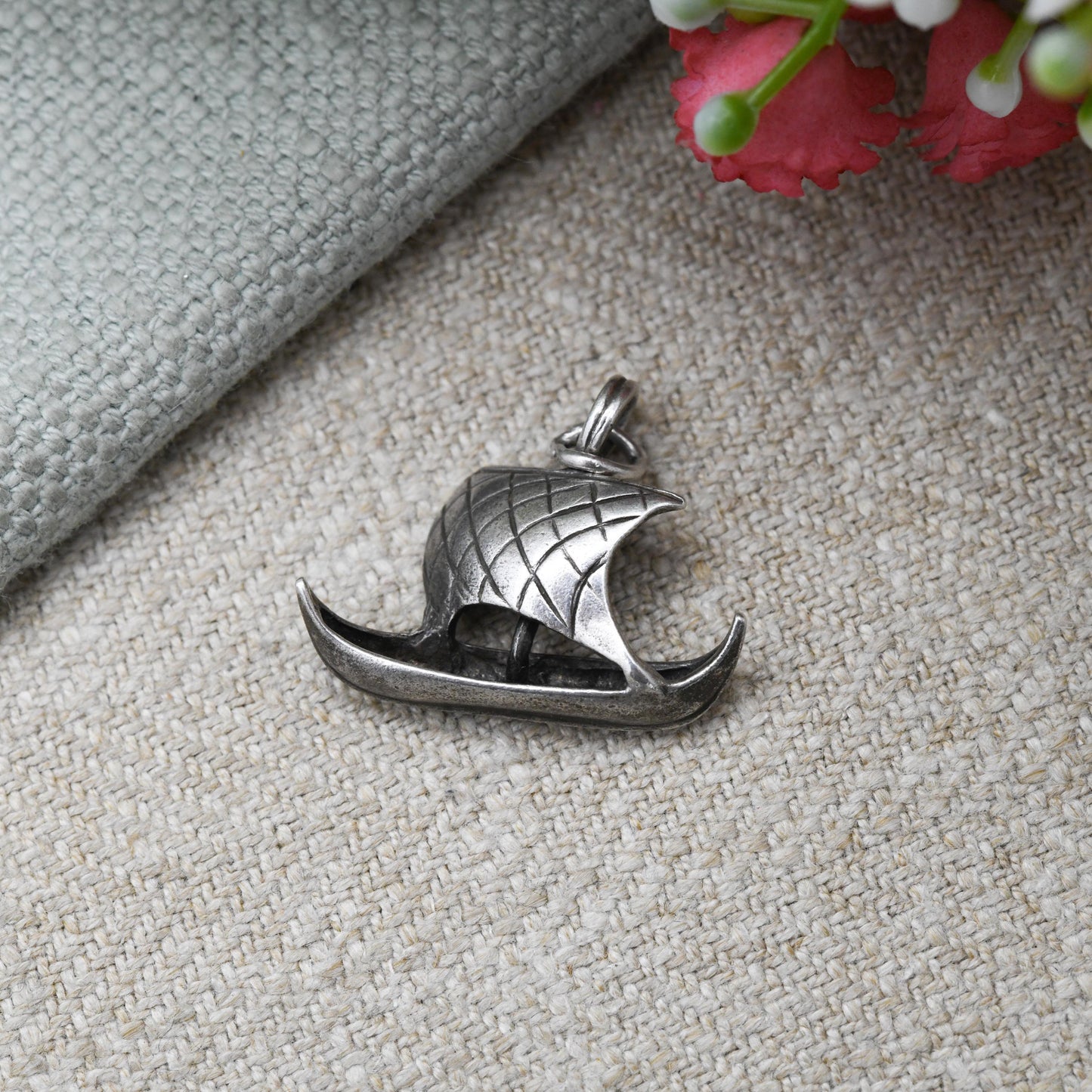 Vintage Silver Skuldelev Viking Boat Charm Pendant - Medieval Scandinavian Silver Ship | Sail Boat | Gift for Charm Bracelet