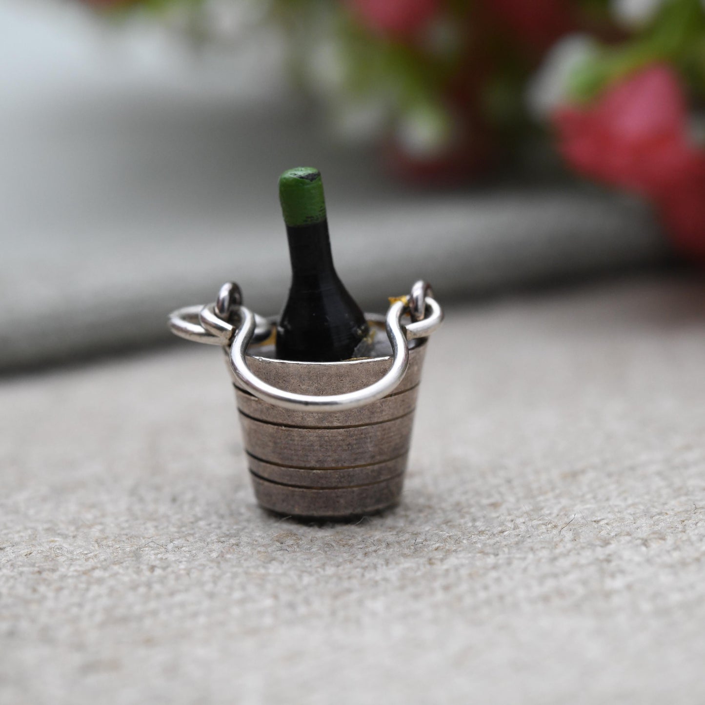 Vintage Sterling Silver and Enamel Champagne in Ice Bucket Charm Pendant - Detailed and Textured | Souvenir Gift for Charm Bracelet
