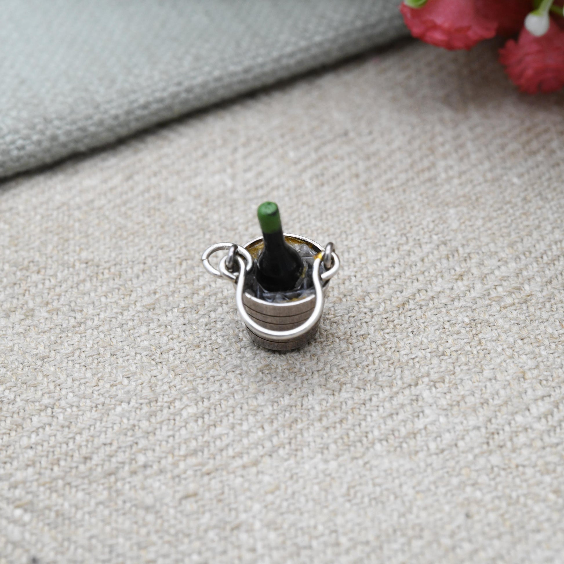 Vintage Sterling Silver and Enamel Champagne in Ice Bucket Charm Pendant - Detailed and Textured | Souvenir Gift for Charm Bracelet