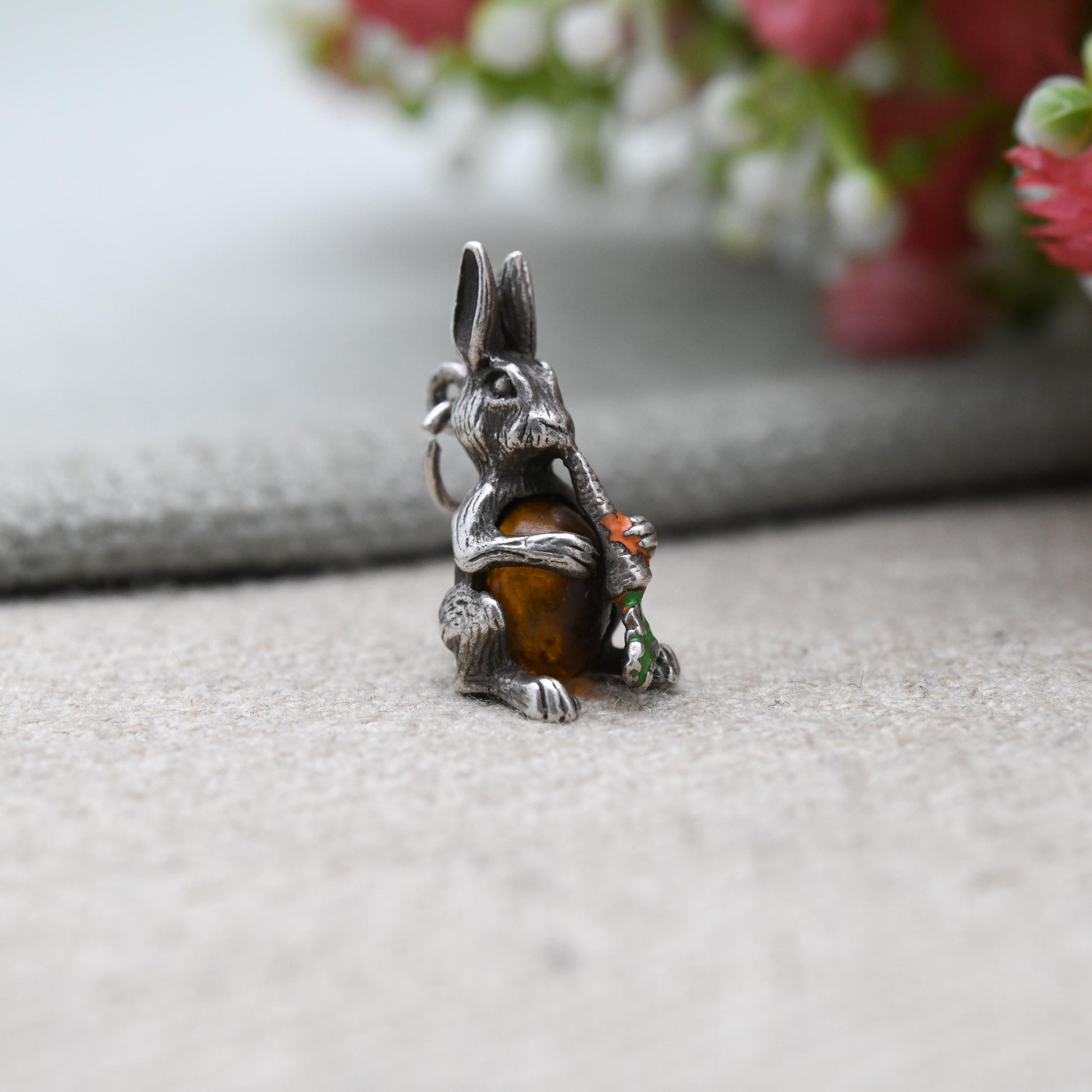 Vintage Sterling Silver Enamel Jelly Belly Rabbit Charm Pendant - Rabbit Eating a Carrot | Nature Lover Charm Bracelet Necklace