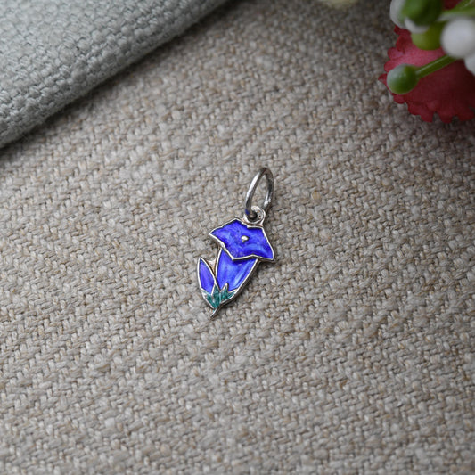 Vintage Sterling Silver Gentian Flower Charm Pendant - Blue Flower Floral | Blue Enamel | Souvenir Gift for Charm Bracelet