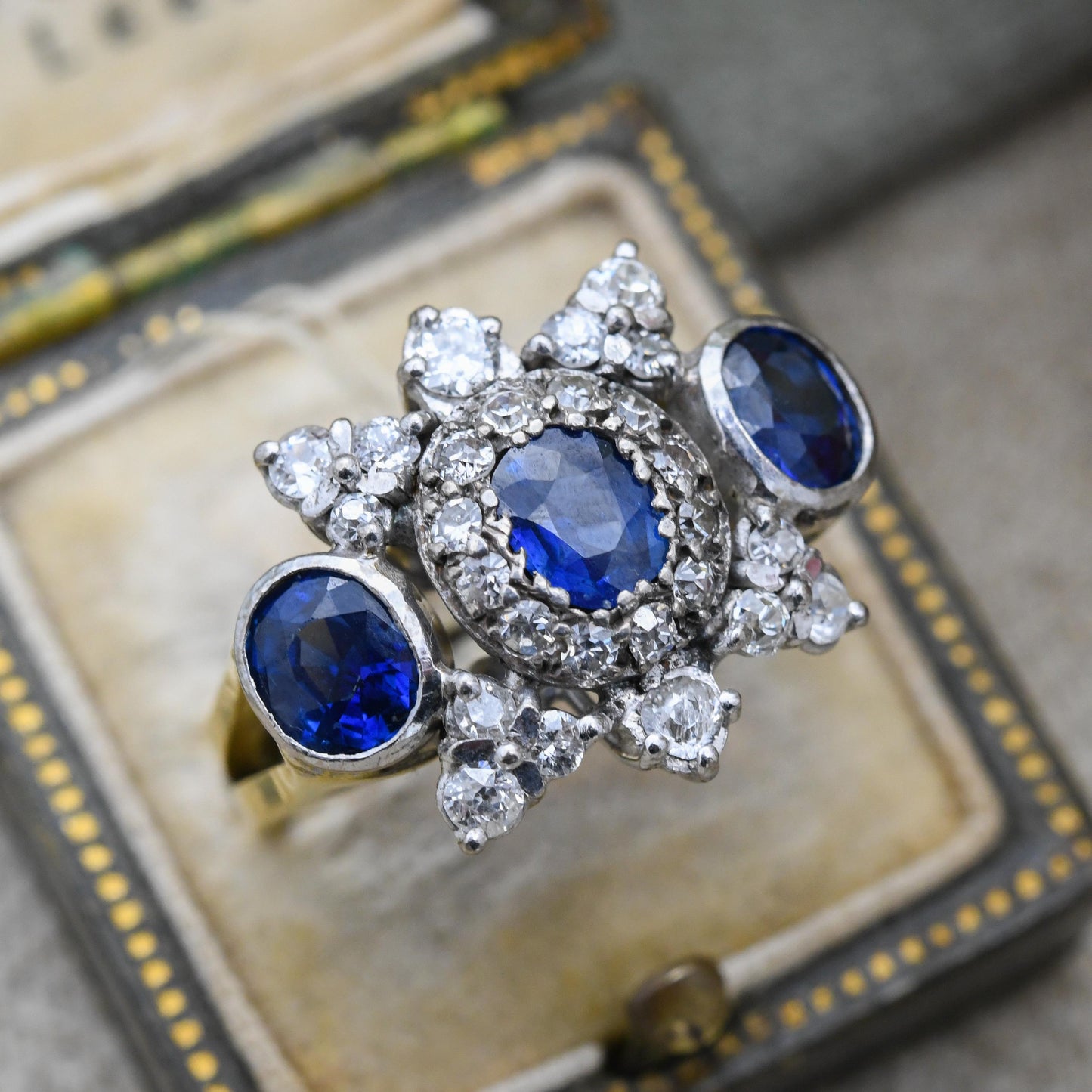 Vintage 18ct Gold Three Stone Sapphire and Diamond Ring 2.4ct - Mid-Century Statement Cocktail Ring Antique Conversion | Size UK N 1/2 US 7