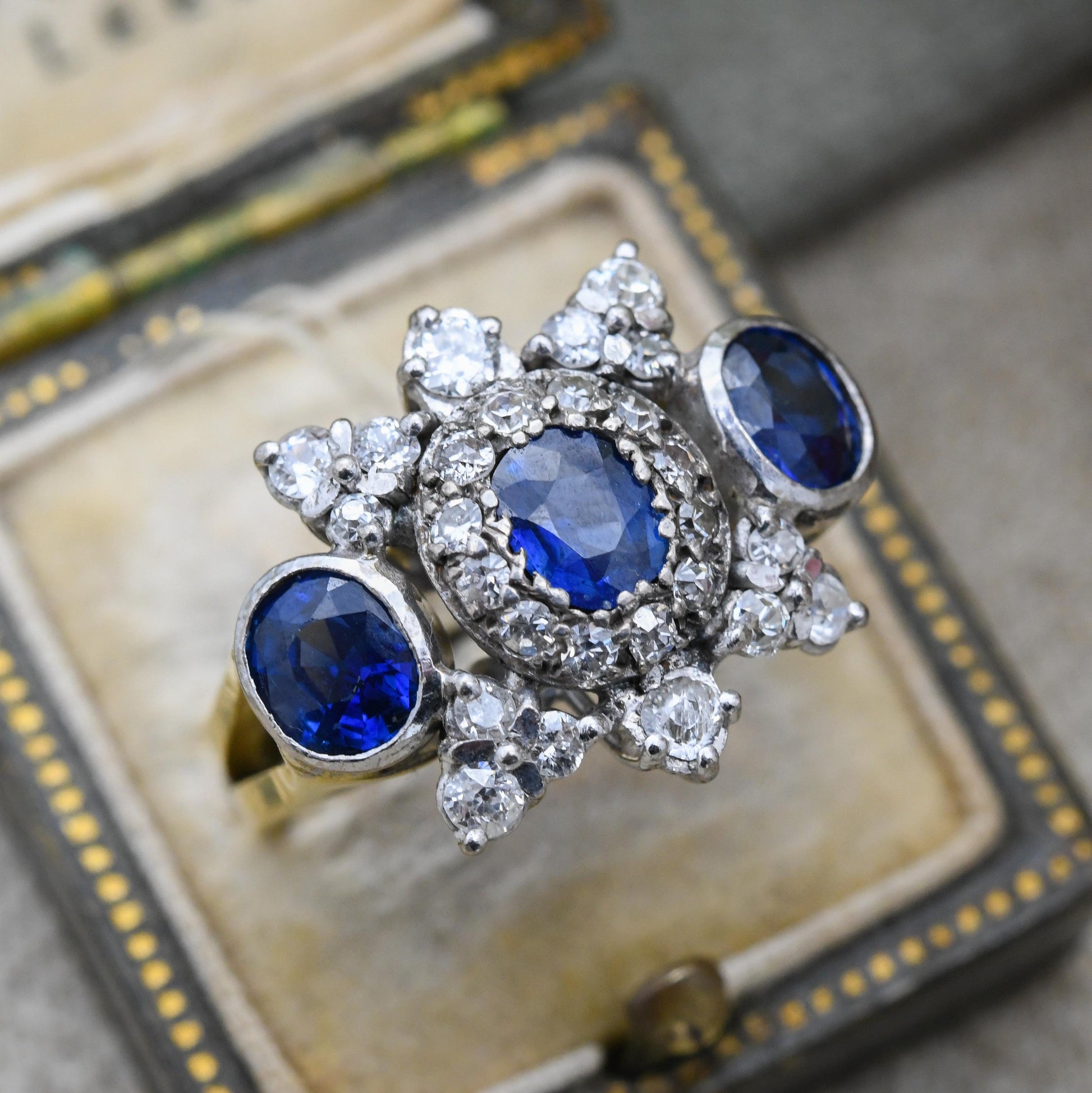 Vintage 18ct Gold Three Stone Sapphire and Diamond Ring 2.4ct - Mid-Century Statement Cocktail Ring Antique Conversion | Size UK N 1/2 US 7