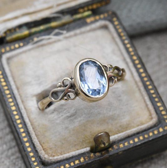 Vintage 9ct Gold Ring with Light Blue Stone 1995 - Pretty Pale Blue Gemstone Gift for Her | Ornate Shoulders | UK Size - P | US Size - 8