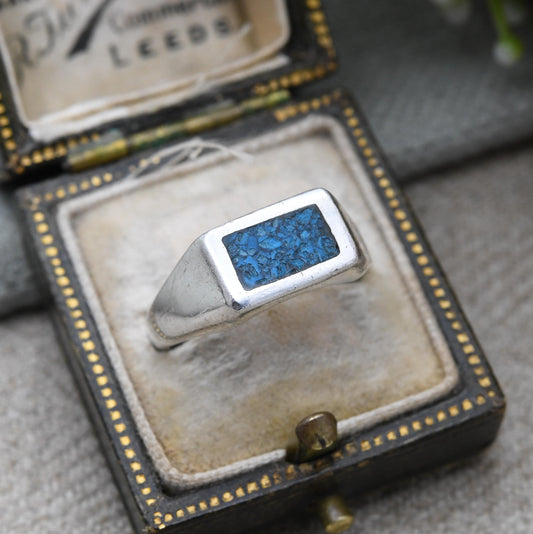 Vintage Sterling Silver Turquoise Signet Ring - Crushed Turquoise | Blue Stone | UK Size - O | US Size - 7 3/4