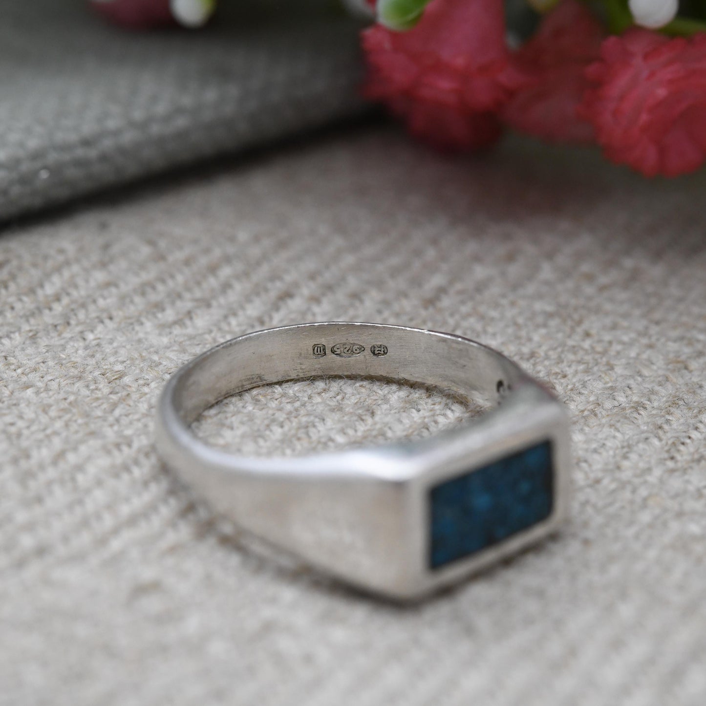 Vintage Sterling Silver Turquoise Signet Ring - Crushed Turquoise | Blue Stone | UK Size - O | US Size - 7 3/4