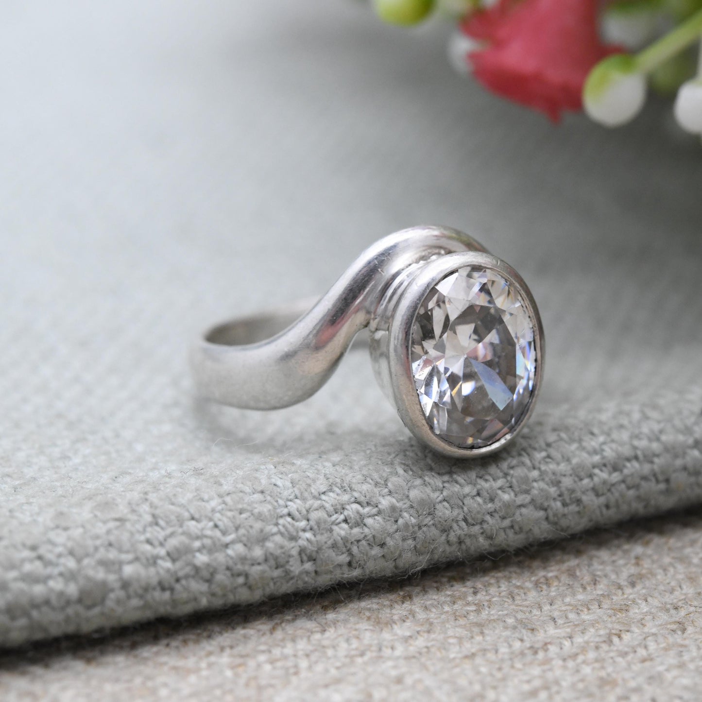 Chunky Sterling Silver Kit Heath Clear Stone Ring- Large Faceted Clear Gemstone Ring | UK Size - N 1/2 | US Size - 7 1/4
