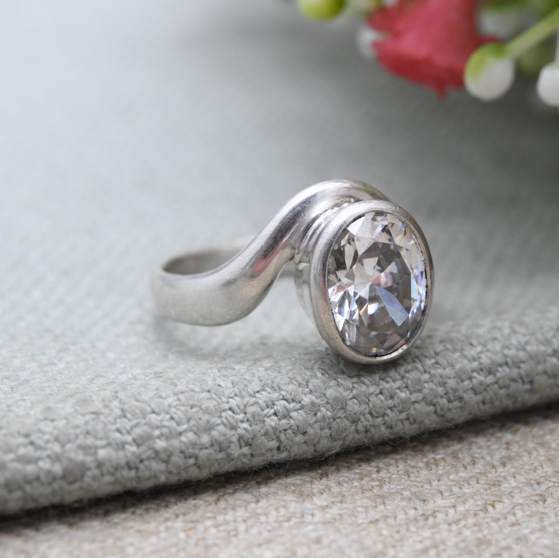 Chunky Sterling Silver Kit Heath Clear Stone Ring- Large Faceted Clear Gemstone Ring | UK Size - N 1/2 | US Size - 7 1/4