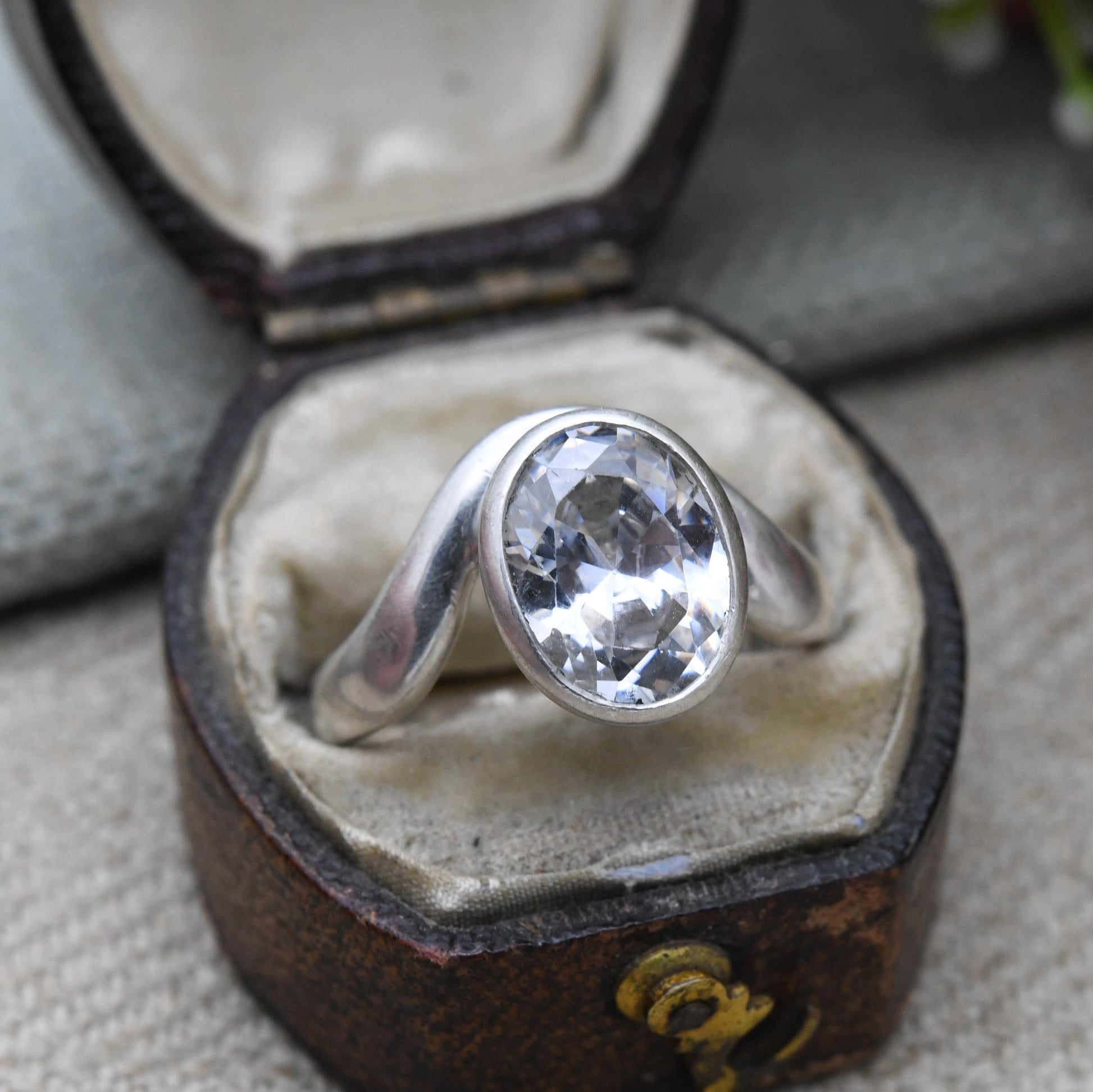 Chunky Sterling Silver Kit Heath Clear Stone Ring- Large Faceted Clear Gemstone Ring | UK Size - N 1/2 | US Size - 7 1/4