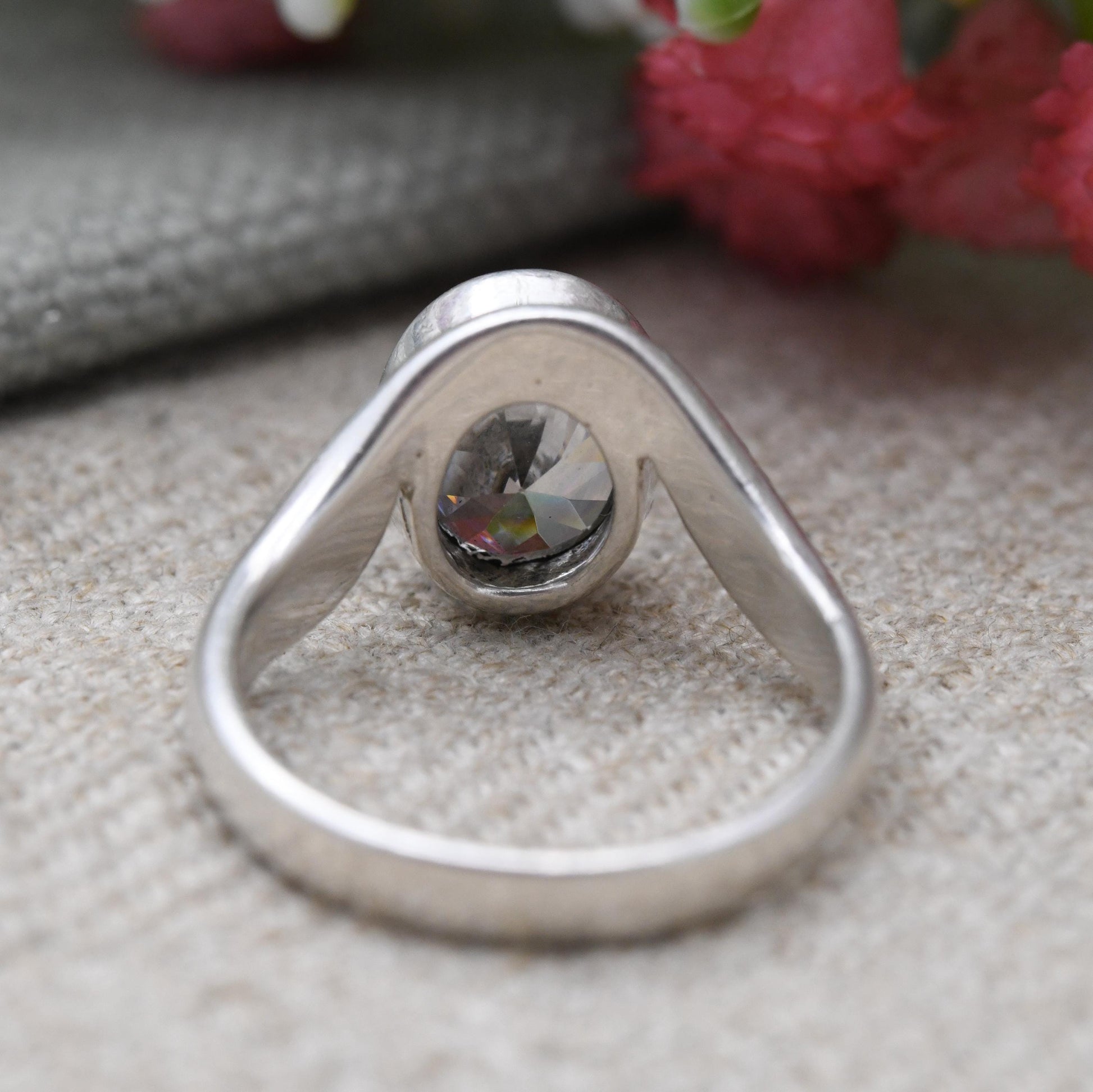 Chunky Sterling Silver Kit Heath Clear Stone Ring- Large Faceted Clear Gemstone Ring | UK Size - N 1/2 | US Size - 7 1/4