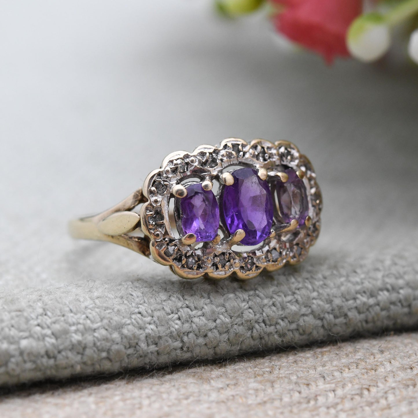Vintage 9ct Gold Amethyst & Diamond Three Stone Ring 1993 - Antique Style Trilogy Ring | Pretty Gift | UK Size - P | US Size - 8