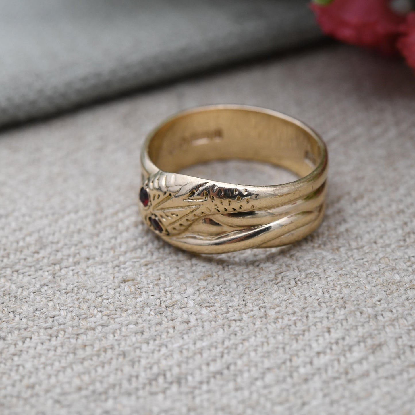 Vintage 9ct Gold Garnet Snake Ring - Victorian Style Snake Band | Garnet Eyes | Unusual Unisex Engagement | UK Size - Q | US Size - 8 1/4