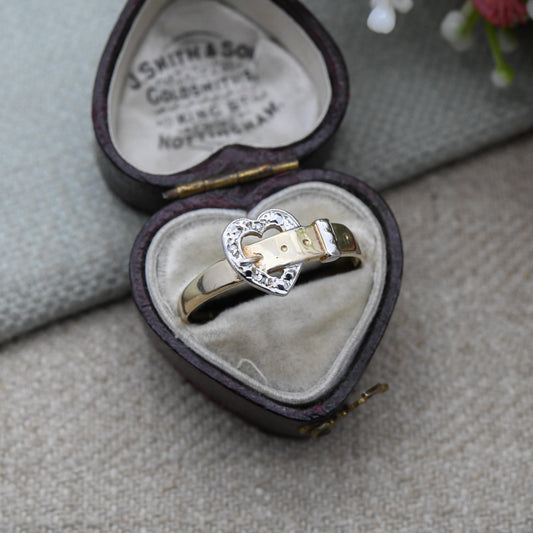 Vintage 9ct Gold Diamond Heart Buckle Ring – Yellow & White Gold Open Heart Design | Sentimental Gift | UK Size - T | US Size - 9 3/4