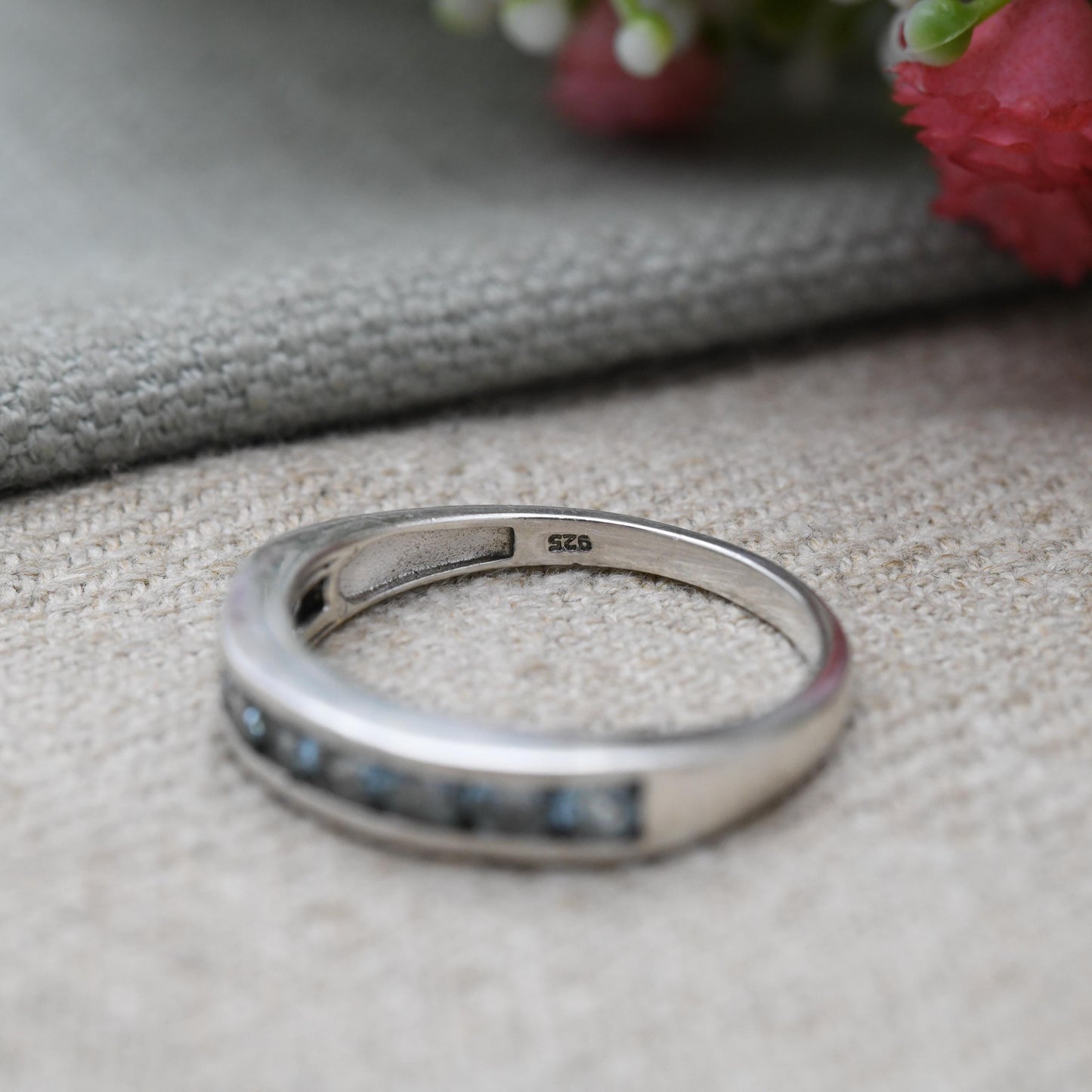 Sterling Silver Blue Stone Half Eternity Ring - Flush Channel | Placeholder | Stacking Band | UK Size - T 1/2 | US Size - 10