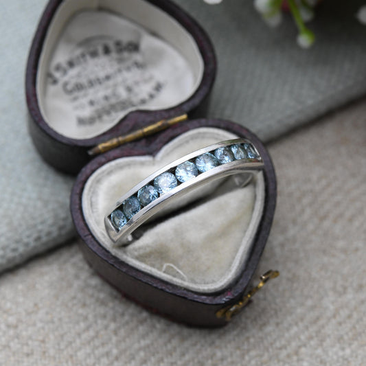 Sterling Silver Blue Stone Half Eternity Ring - Flush Channel | Placeholder | Stacking Band | UK Size - T 1/2 | US Size - 10