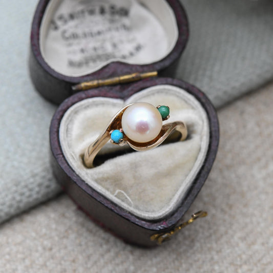 Vintage 9ct Gold Pearl & Turquoise Ring – London 1964 by Albion | Real Pearl with Turquoise Accents | UK Size - L | US Size - 6