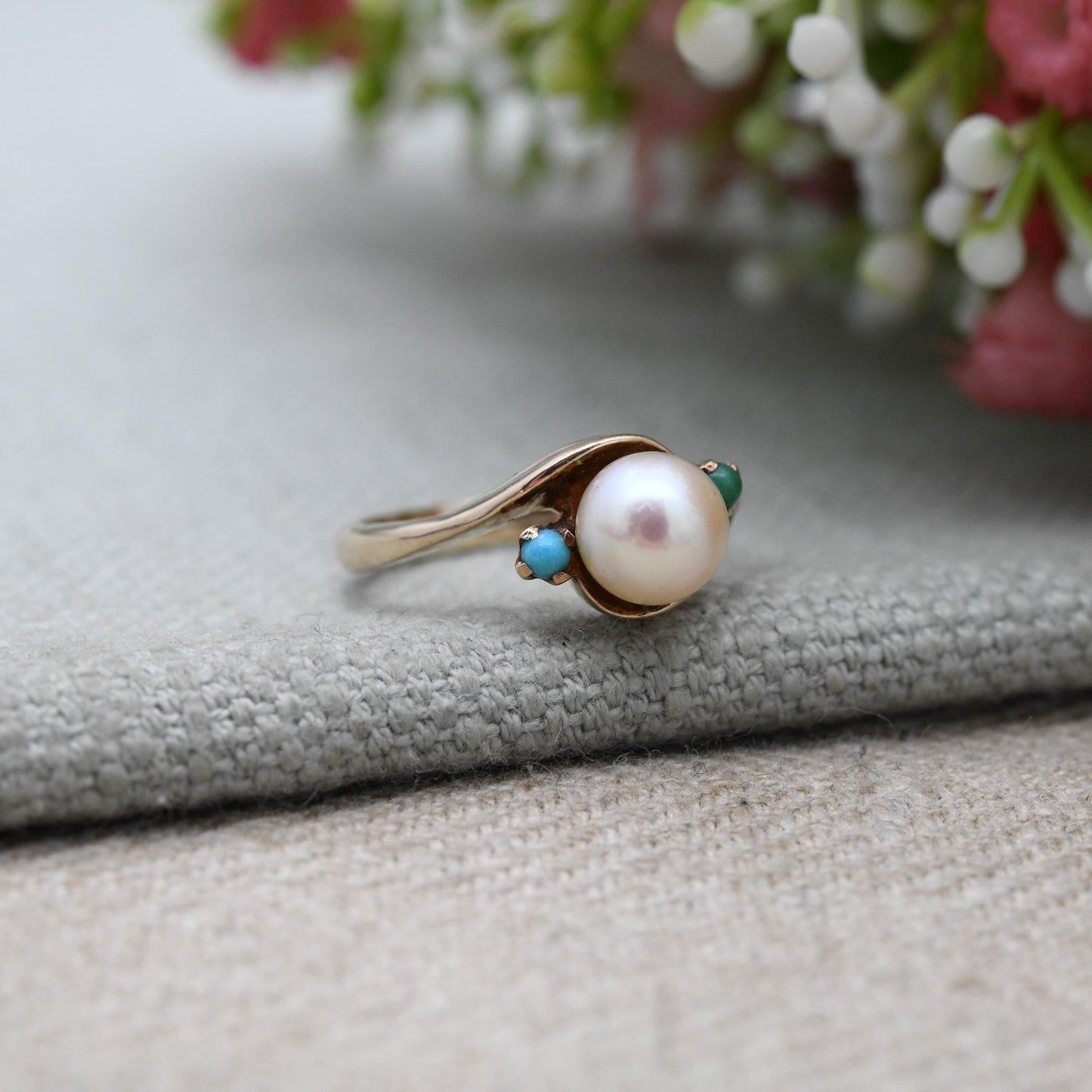Vintage 9ct Gold Pearl & Turquoise Ring – London 1964 by Albion | Real Pearl with Turquoise Accents | UK Size - L | US Size - 6