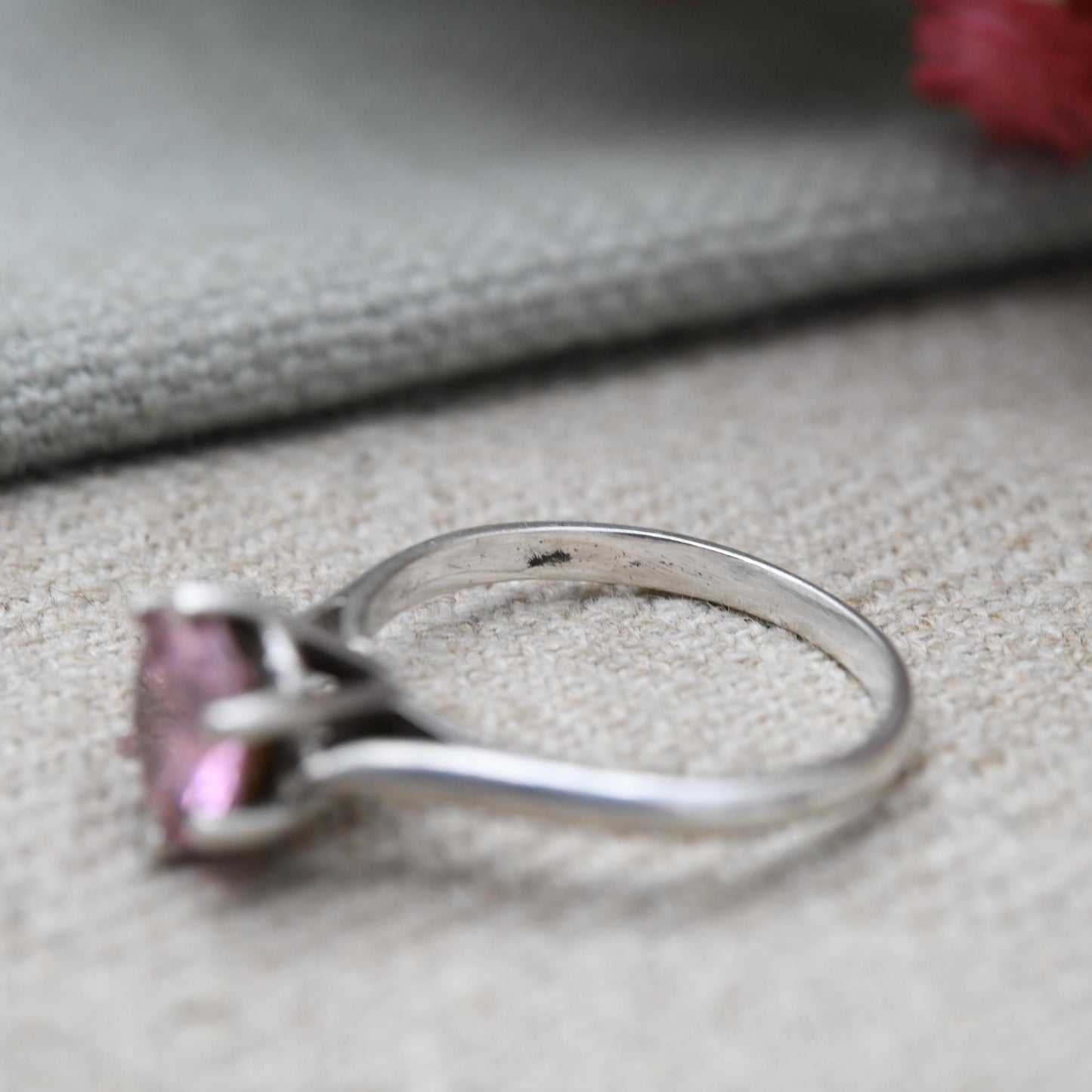 Vintage Sterling Silver Pink Stone Solitaire Ring - Statement Large Faceted Stone | Pretty Gift for Her | UK Size - P | US Size - 7 3/4