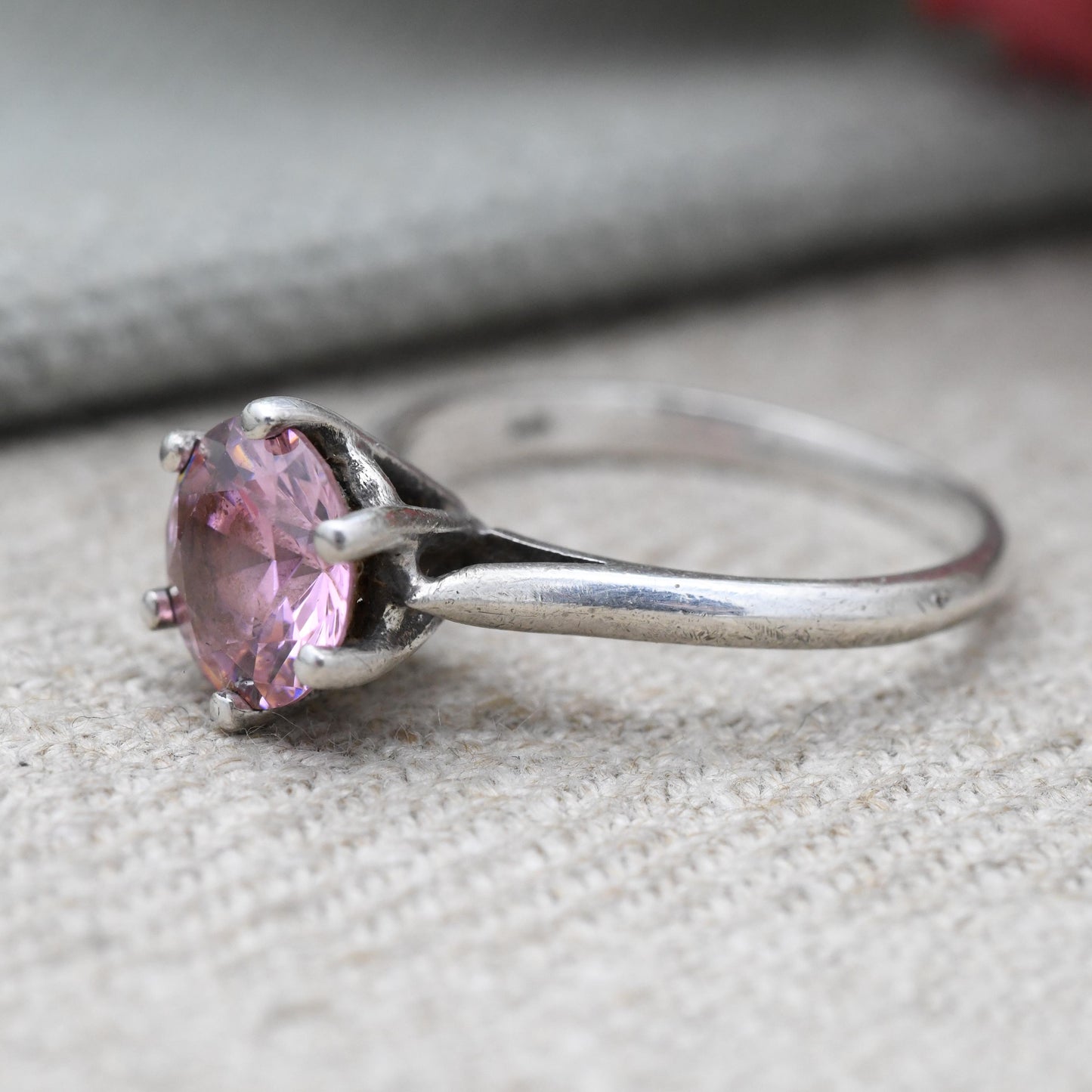 Vintage Sterling Silver Pink Stone Solitaire Ring - Statement Large Faceted Stone | Pretty Gift for Her | UK Size - P | US Size - 7 3/4