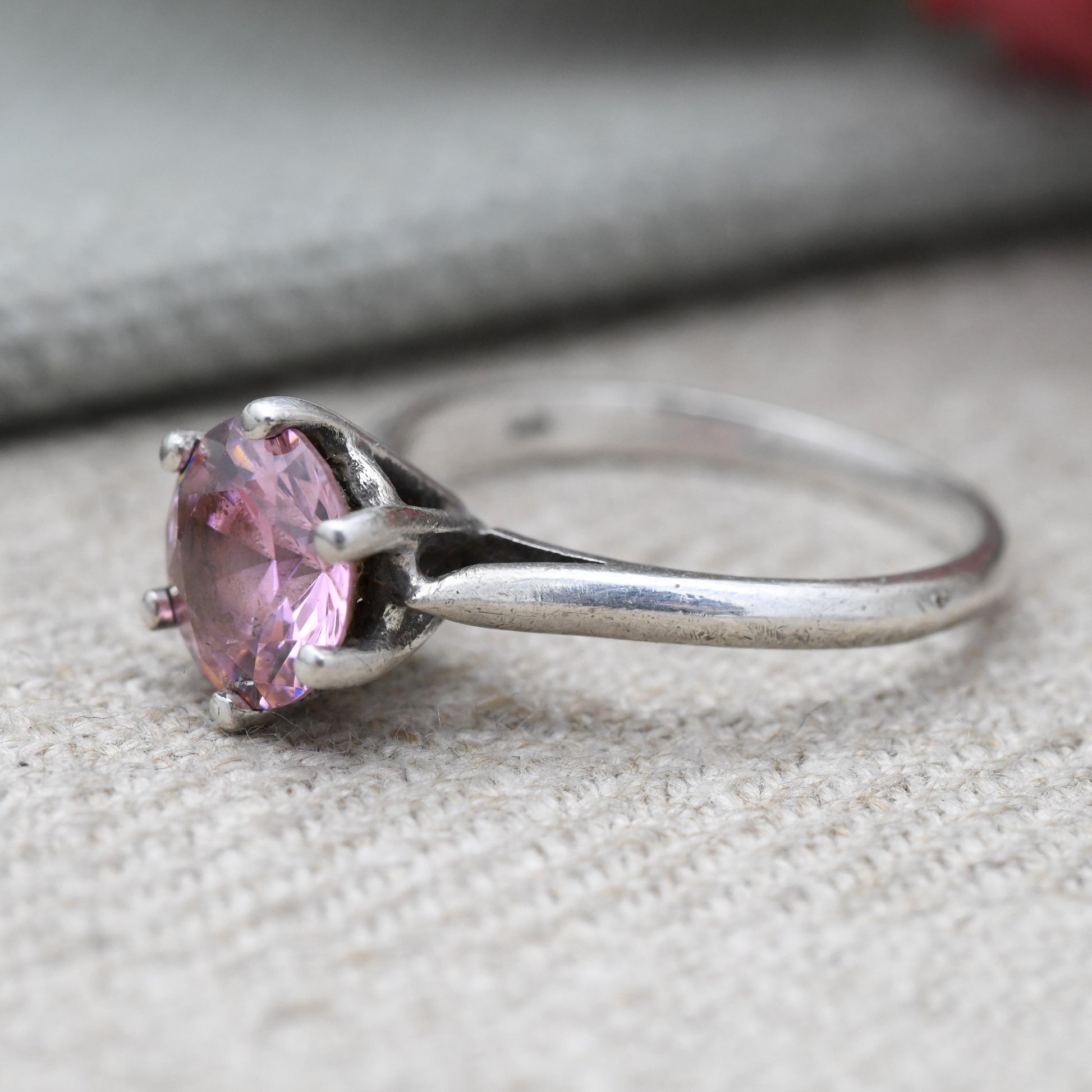 Vintage Sterling Silver Pink Stone Solitaire Ring - Statement Large Faceted Stone | Pretty Gift for Her | UK Size - P | US Size - 7 3/4