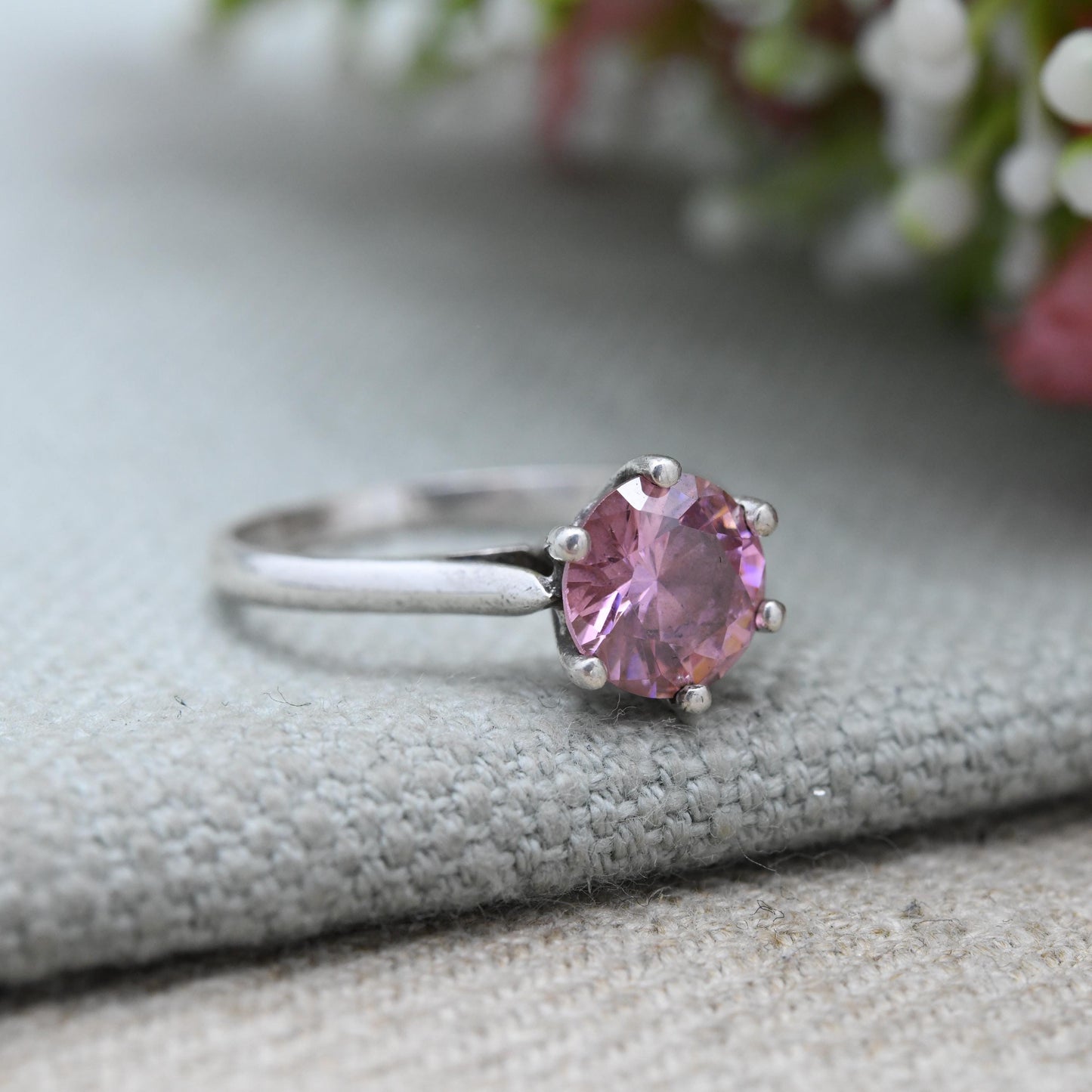 Vintage Sterling Silver Pink Stone Solitaire Ring - Statement Large Faceted Stone | Pretty Gift for Her | UK Size - P | US Size - 7 3/4