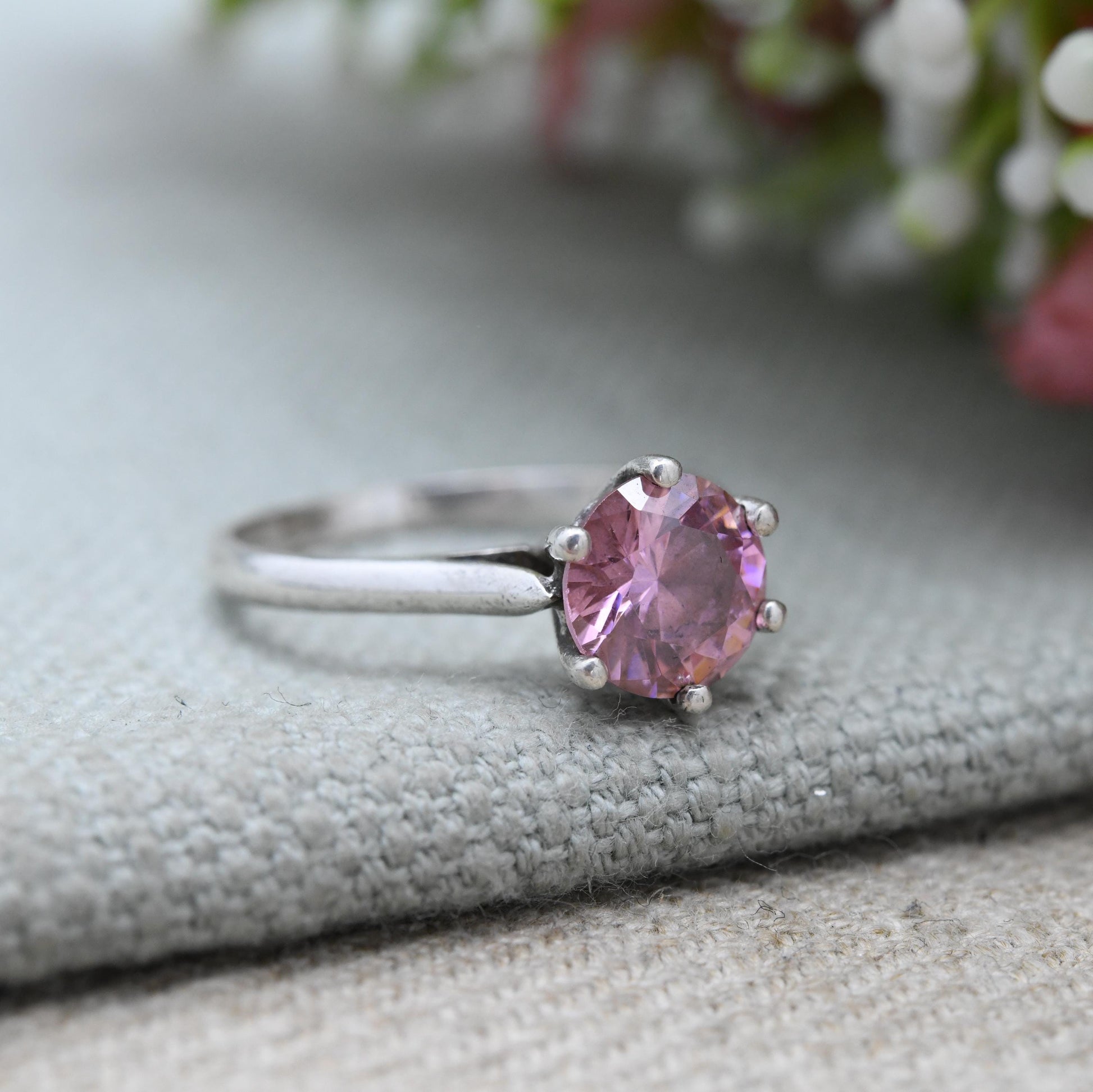 Vintage Sterling Silver Pink Stone Solitaire Ring - Statement Large Faceted Stone | Pretty Gift for Her | UK Size - P | US Size - 7 3/4
