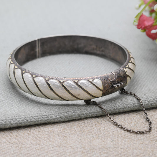 Vintage Sterling Silver & Enamel Siam Bangle Bracelet - Gorgeous White Enamel | Thailand | Mid-Century | Gift for Her