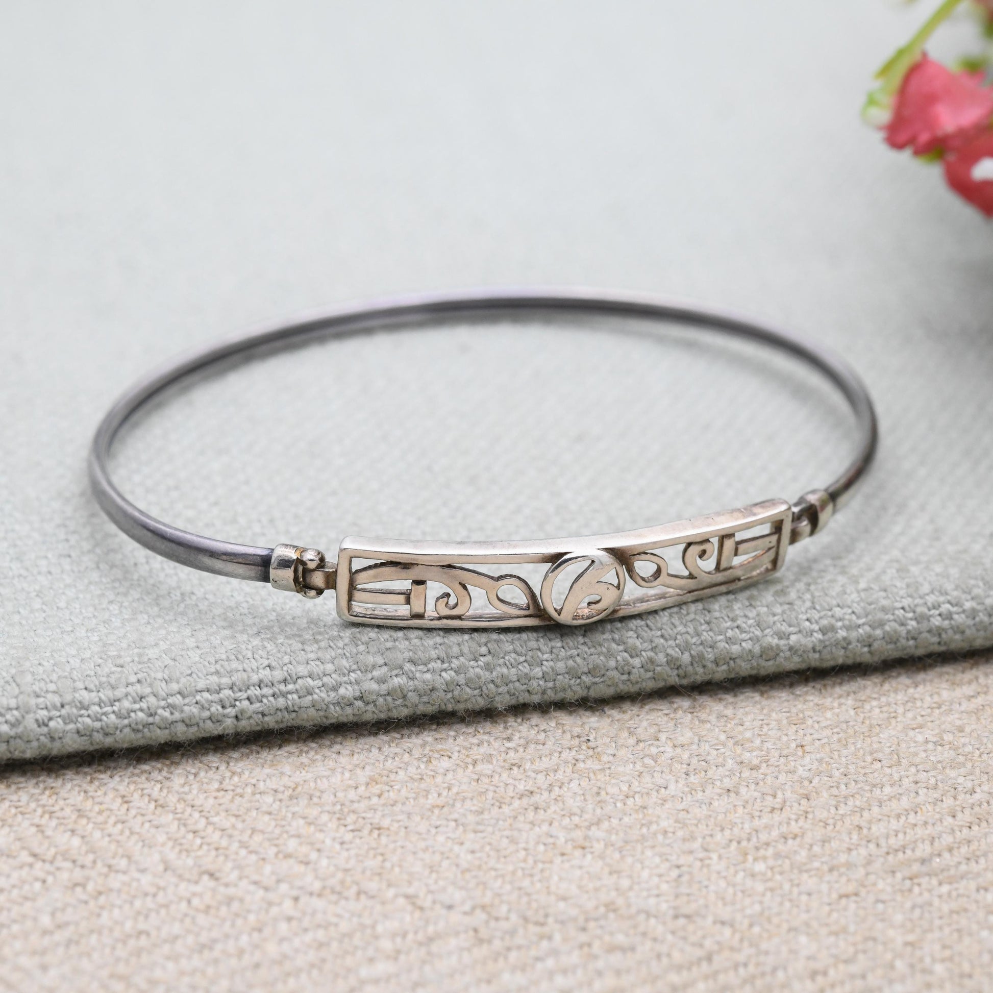 Sterling Silver Celtic Mackintosh Bangle Bracelet – Scottish Design | Hinge Opening | Openwork Art Nouveau Style | Gift for Her