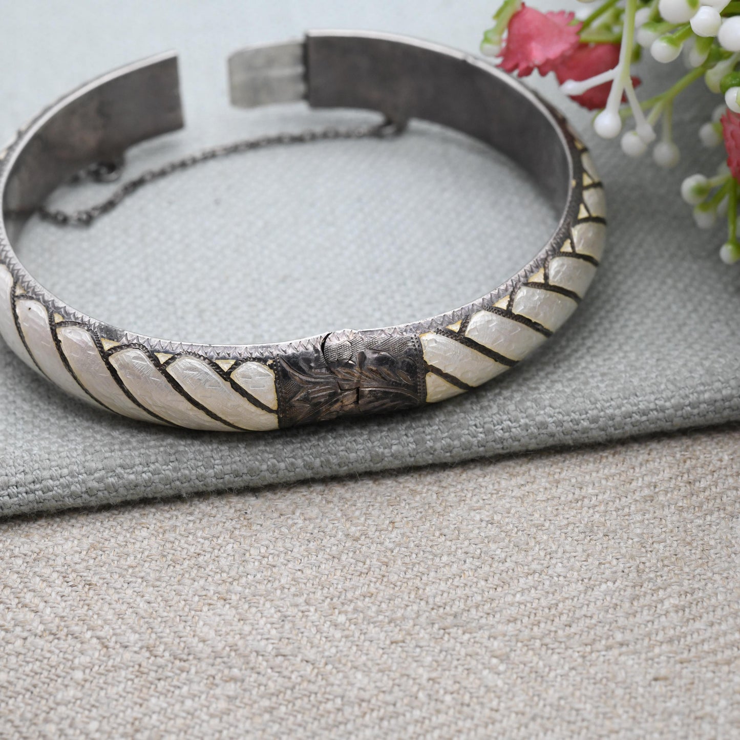 Vintage Sterling Silver & Enamel Siam Bangle Bracelet - Gorgeous White Enamel | Thailand | Mid-Century | Gift for Her