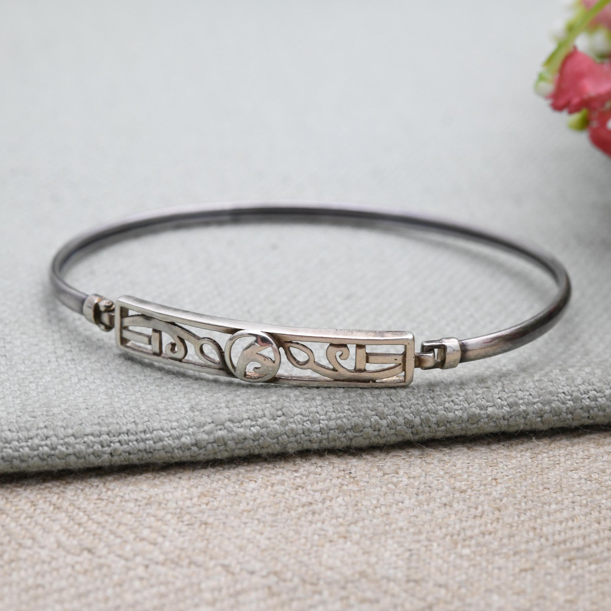 Sterling Silver Celtic Mackintosh Bangle Bracelet – Scottish Design | Hinge Opening | Openwork Art Nouveau Style | Gift for Her