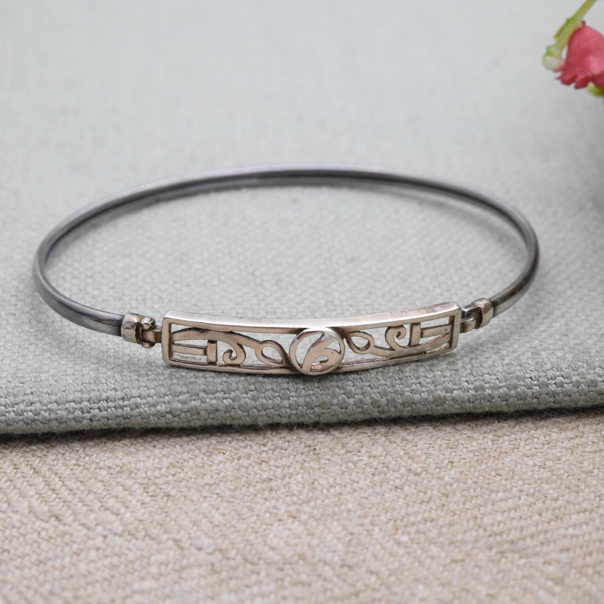 Sterling Silver Celtic Mackintosh Bangle Bracelet – Scottish Design | Hinge Opening | Openwork Art Nouveau Style | Gift for Her