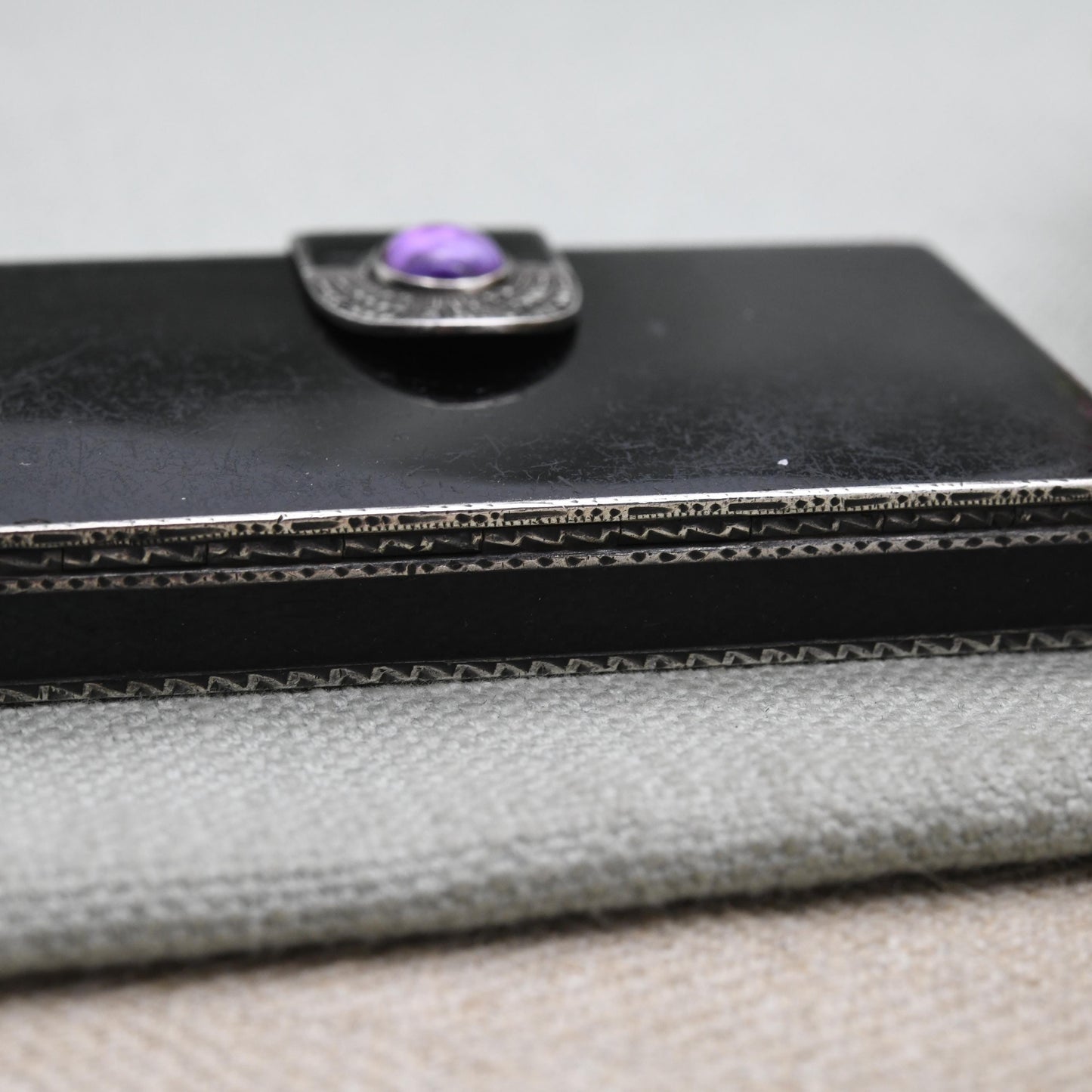 Art Deco Sterling Silver Cigarette Case 1928 by G.S – Black Enamel, Amethyst & Marcasite | Antique Compact Box with Closing Latch