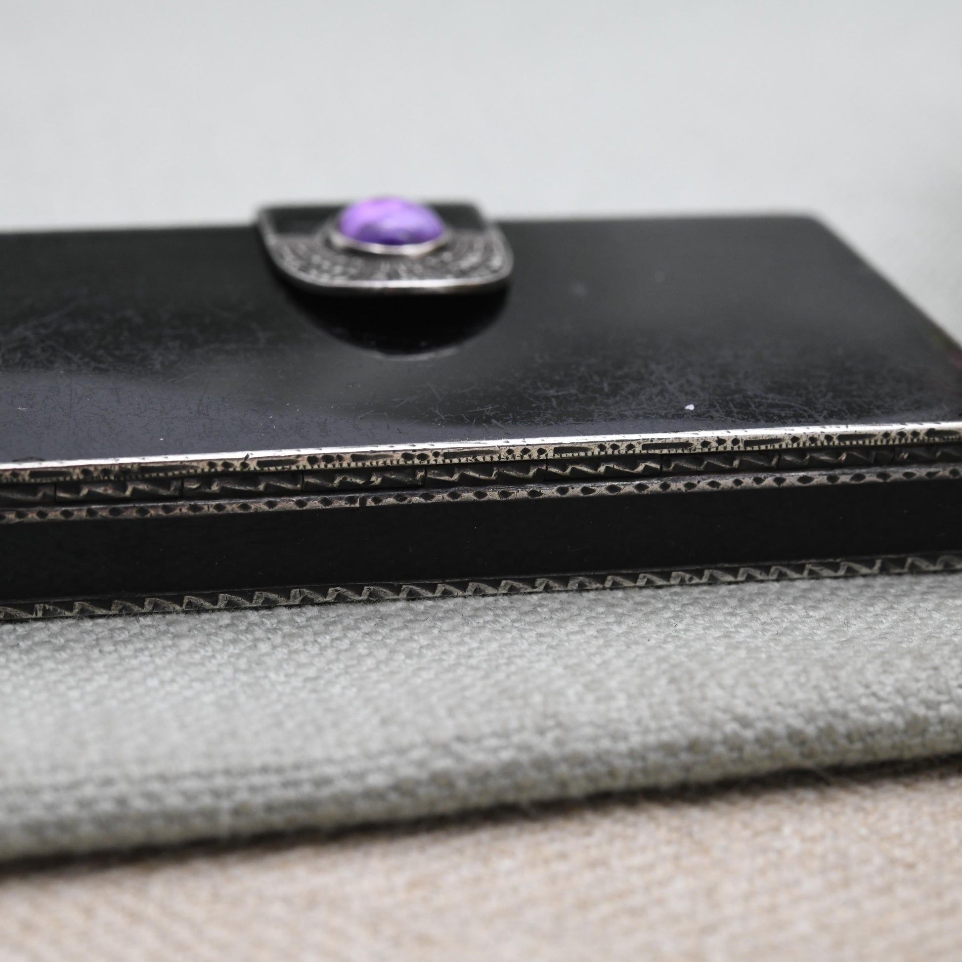 Art Deco Sterling Silver Cigarette Case 1928 by G.S – Black Enamel, Amethyst & Marcasite | Antique Compact Box with Closing Latch