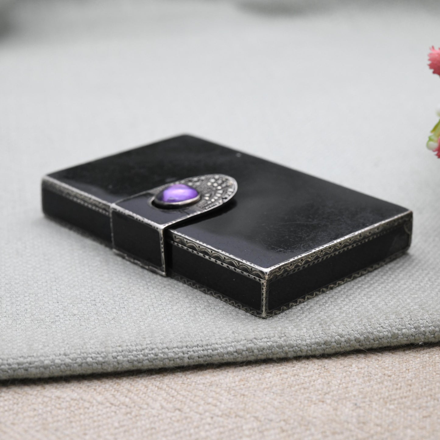 Art Deco Sterling Silver Cigarette Case 1928 by G.S – Black Enamel, Amethyst & Marcasite | Antique Compact Box with Closing Latch