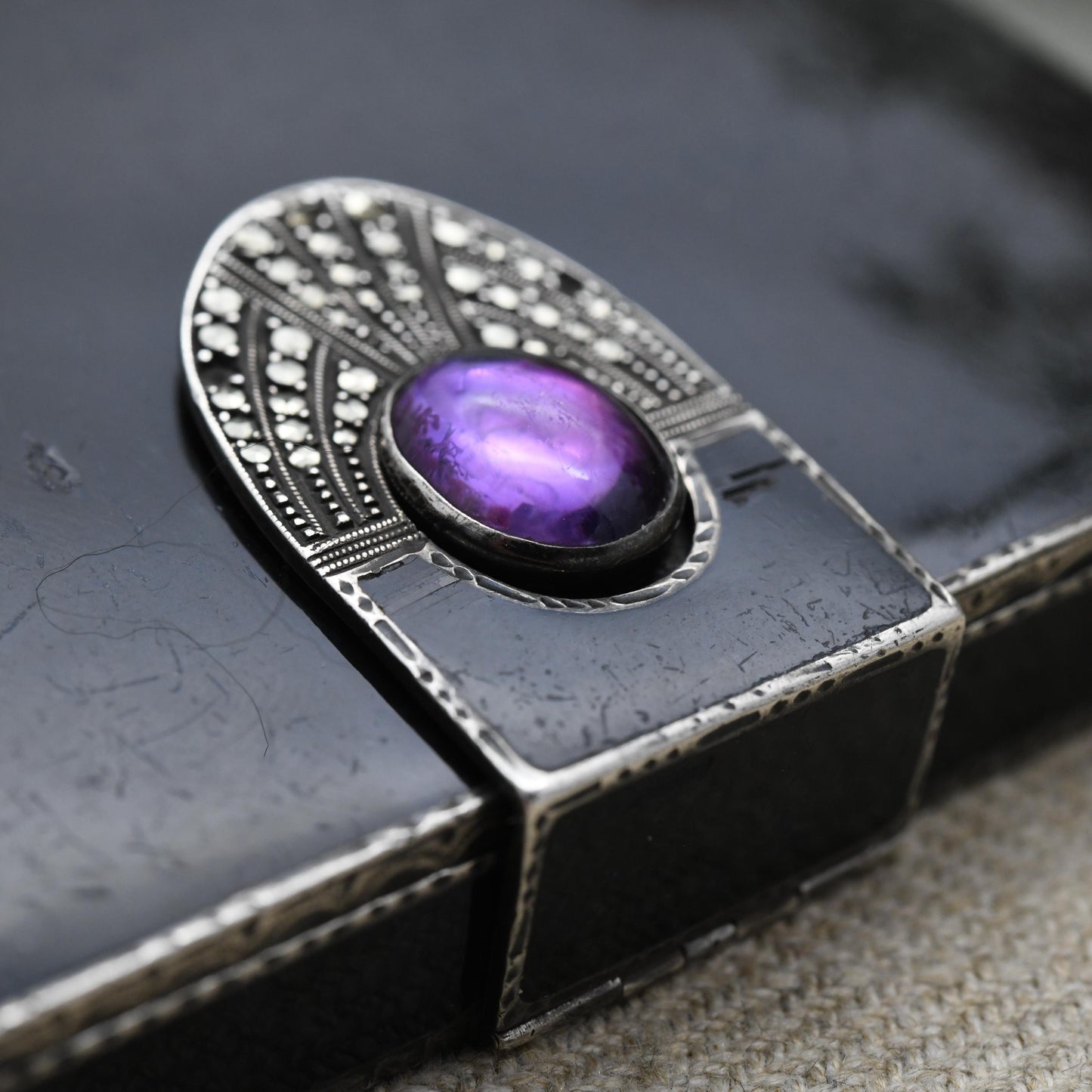 Art Deco Sterling Silver Cigarette Case 1928 by G.S – Black Enamel, Amethyst & Marcasite | Antique Compact Box with Closing Latch