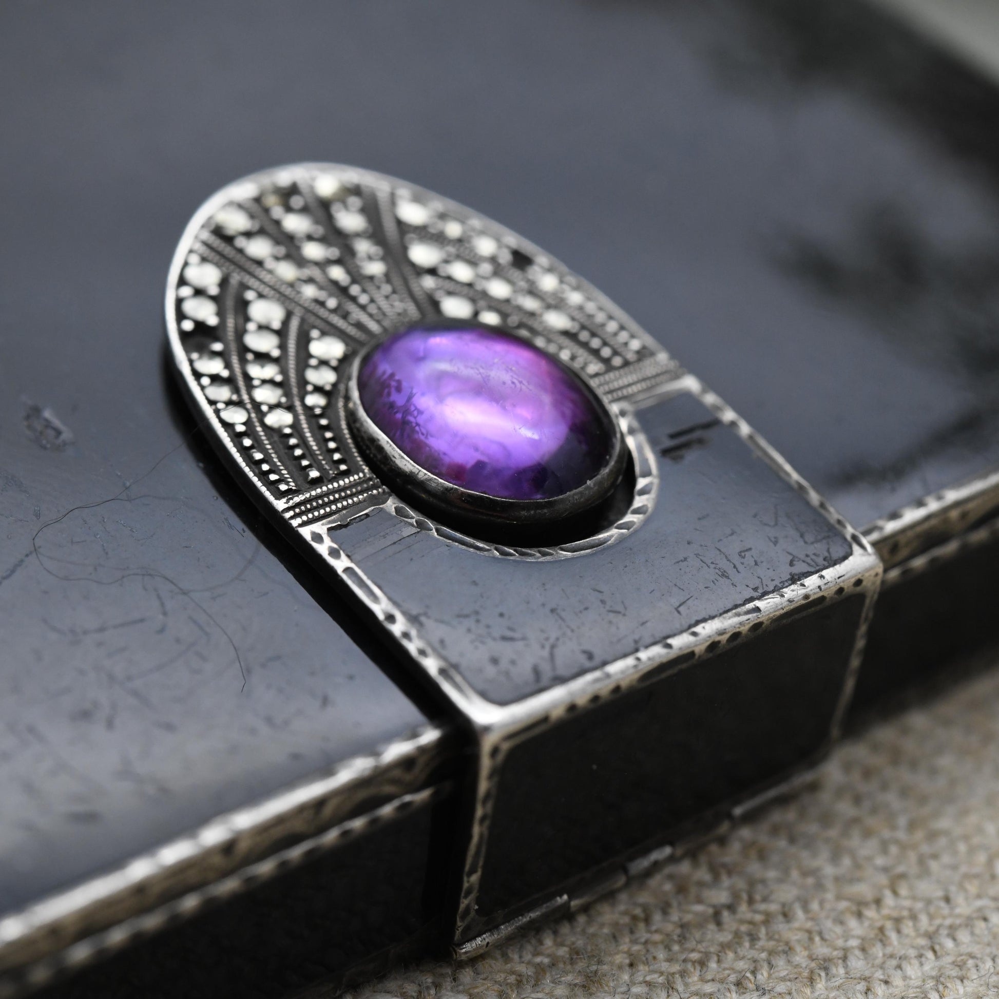 Art Deco Sterling Silver Cigarette Case 1928 by G.S – Black Enamel, Amethyst & Marcasite | Antique Compact Box with Closing Latch