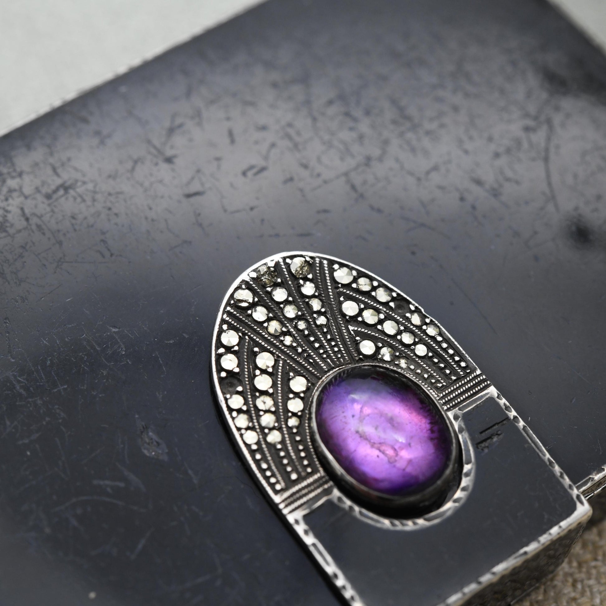 Art Deco Sterling Silver Cigarette Case 1928 by G.S – Black Enamel, Amethyst & Marcasite | Antique Compact Box with Closing Latch