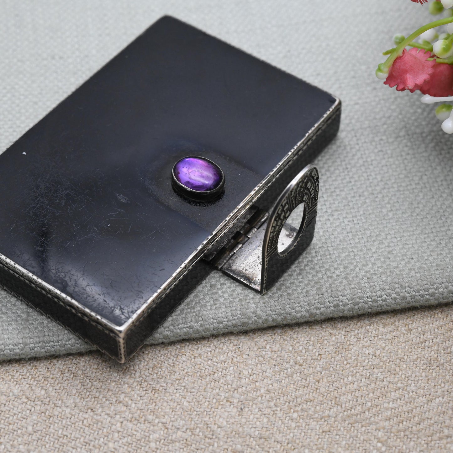 Art Deco Sterling Silver Cigarette Case 1928 by G.S – Black Enamel, Amethyst & Marcasite | Antique Compact Box with Closing Latch