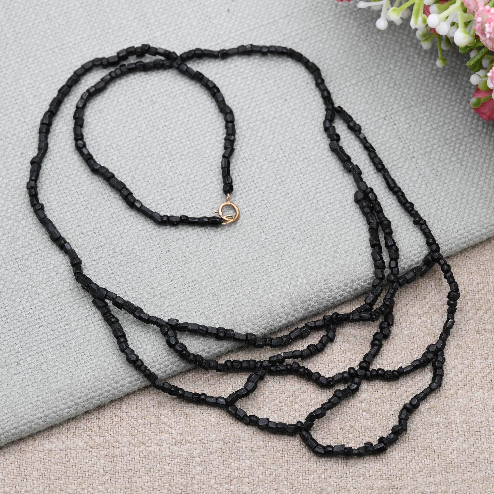 Antique 9ct Gold Clasp French Jet Necklace - Black Glass Seed Beads | Length 17" 43cm