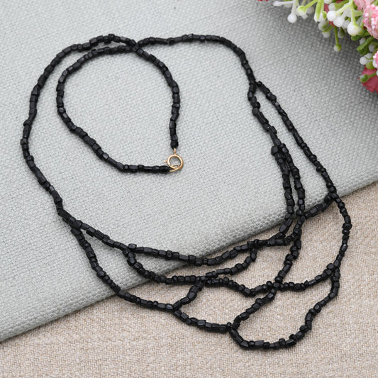Antique 9ct Gold Clasp French Jet Necklace - Black Glass Seed Beads | Length 17" 43cm