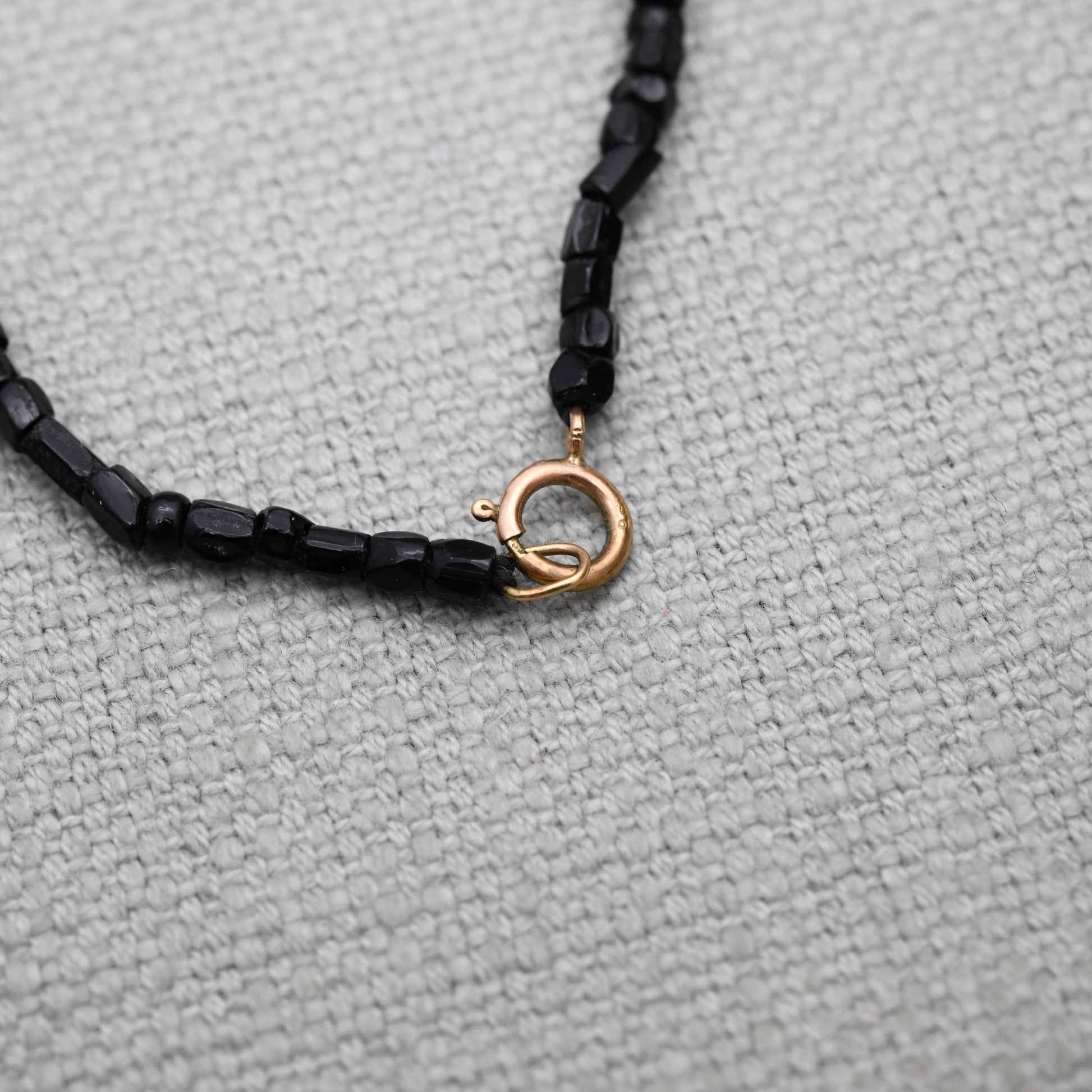 Antique 9ct Gold Clasp French Jet Necklace - Black Glass Seed Beads | Length 17" 43cm