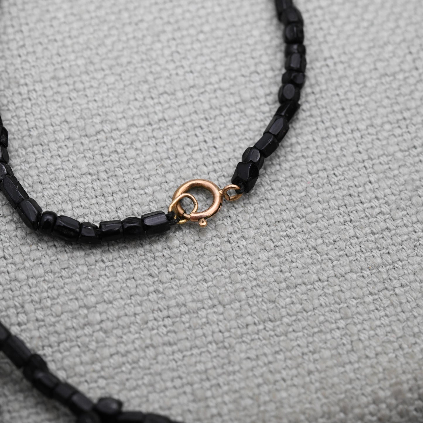 Antique 9ct Gold Clasp French Jet Necklace - Black Glass Seed Beads | Length 17" 43cm