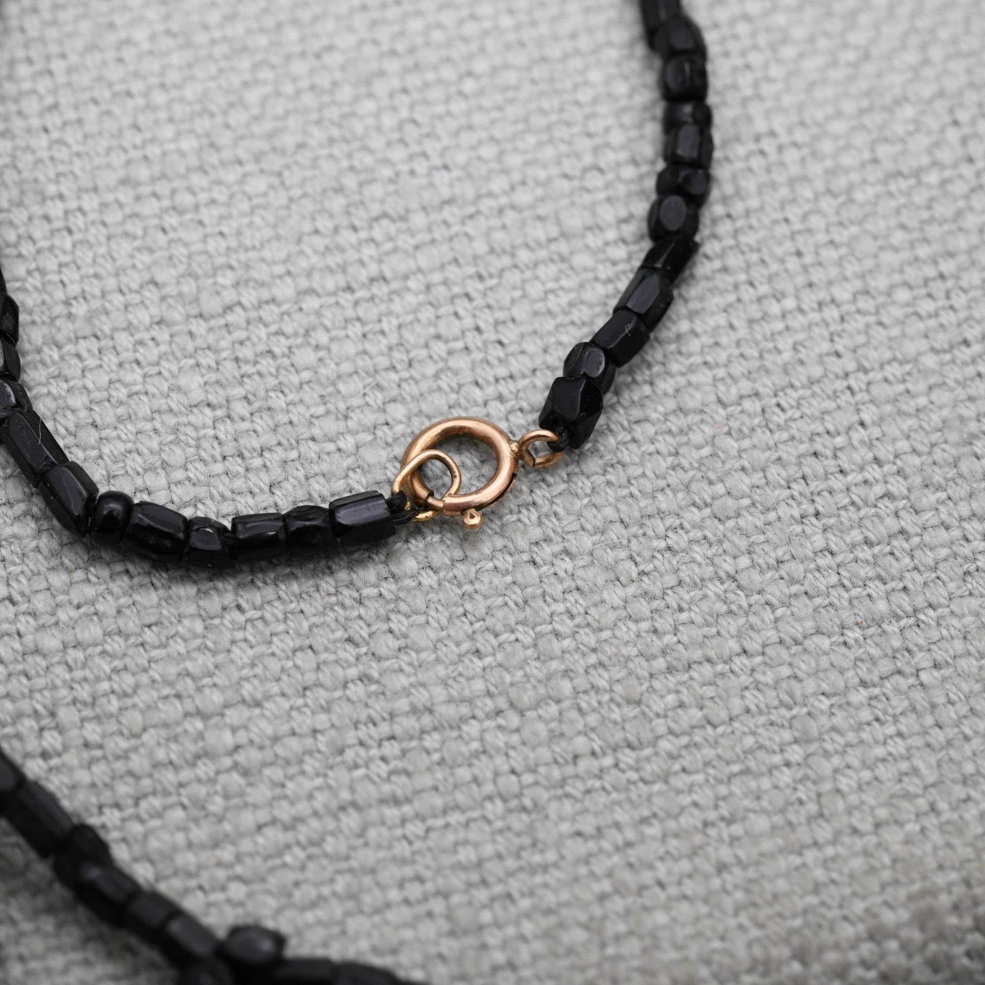 Antique 9ct Gold Clasp French Jet Necklace - Black Glass Seed Beads | Length 17" 43cm
