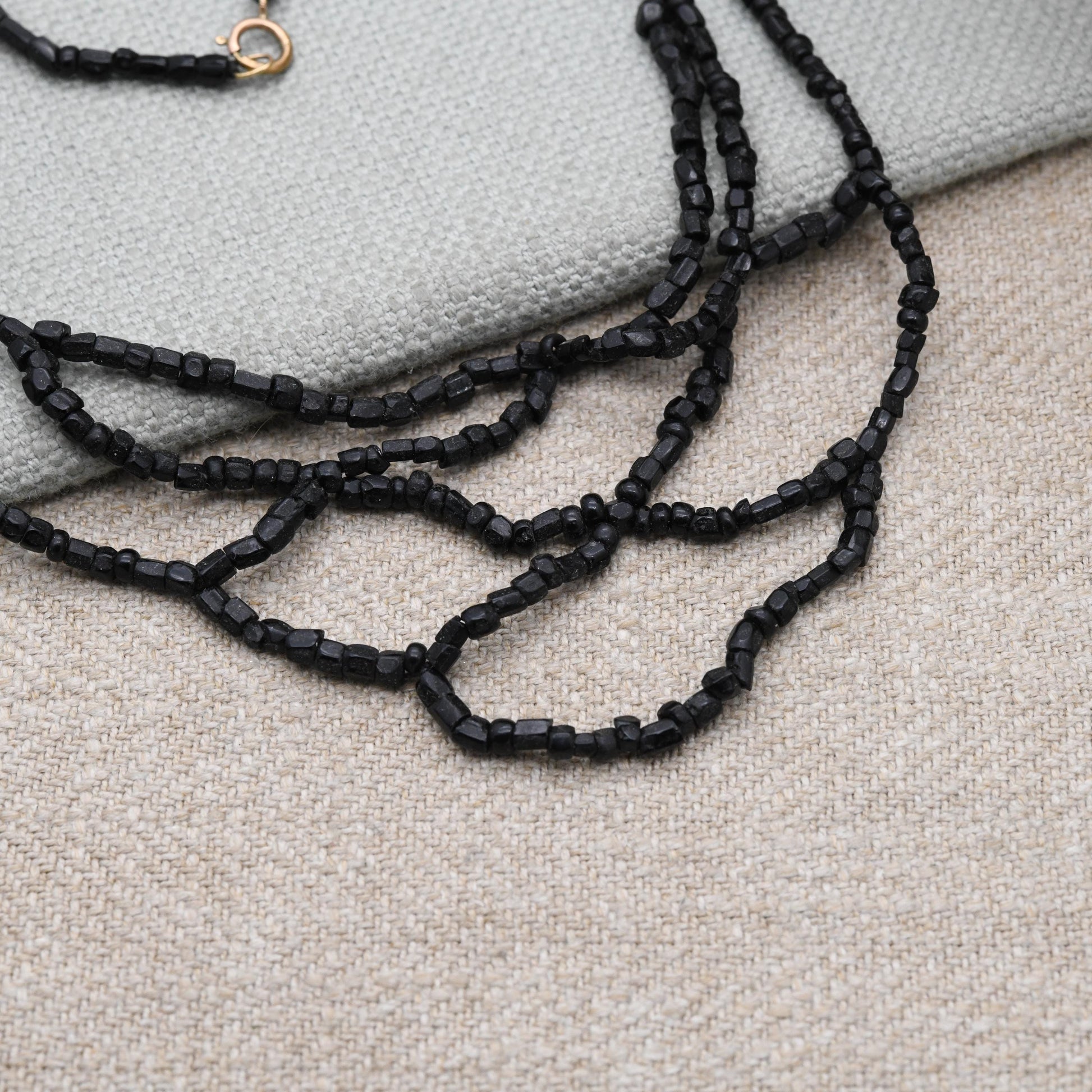 Antique 9ct Gold Clasp French Jet Necklace - Black Glass Seed Beads | Length 17" 43cm